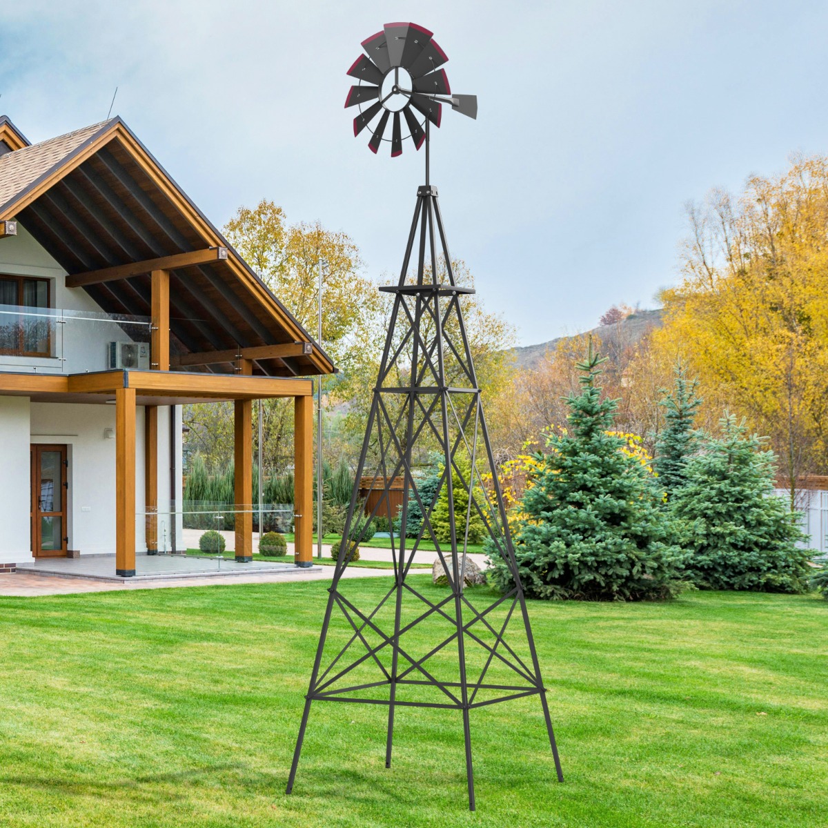 Windrad aus Metall mit 4 Stützbeinen Wetterfeste Windmühle für Garten Hof 67 x 67 x 253 cm Grau