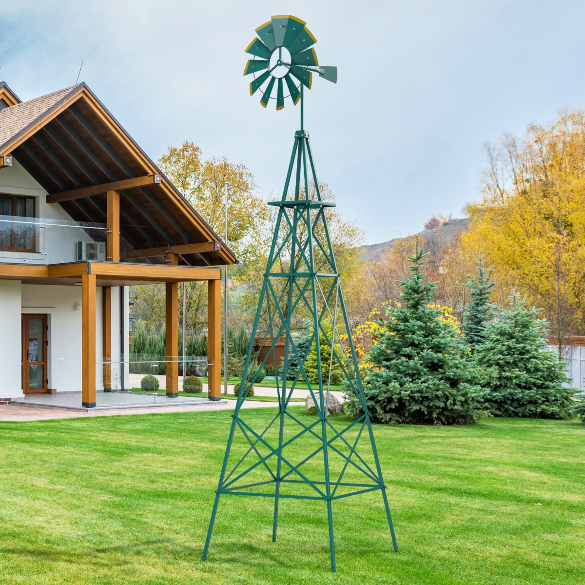 Windrad aus Metall mit 4 Stützbeinen Wetterfeste Windmühle für Garten Hof 67 x 67 x 253 cm Grün