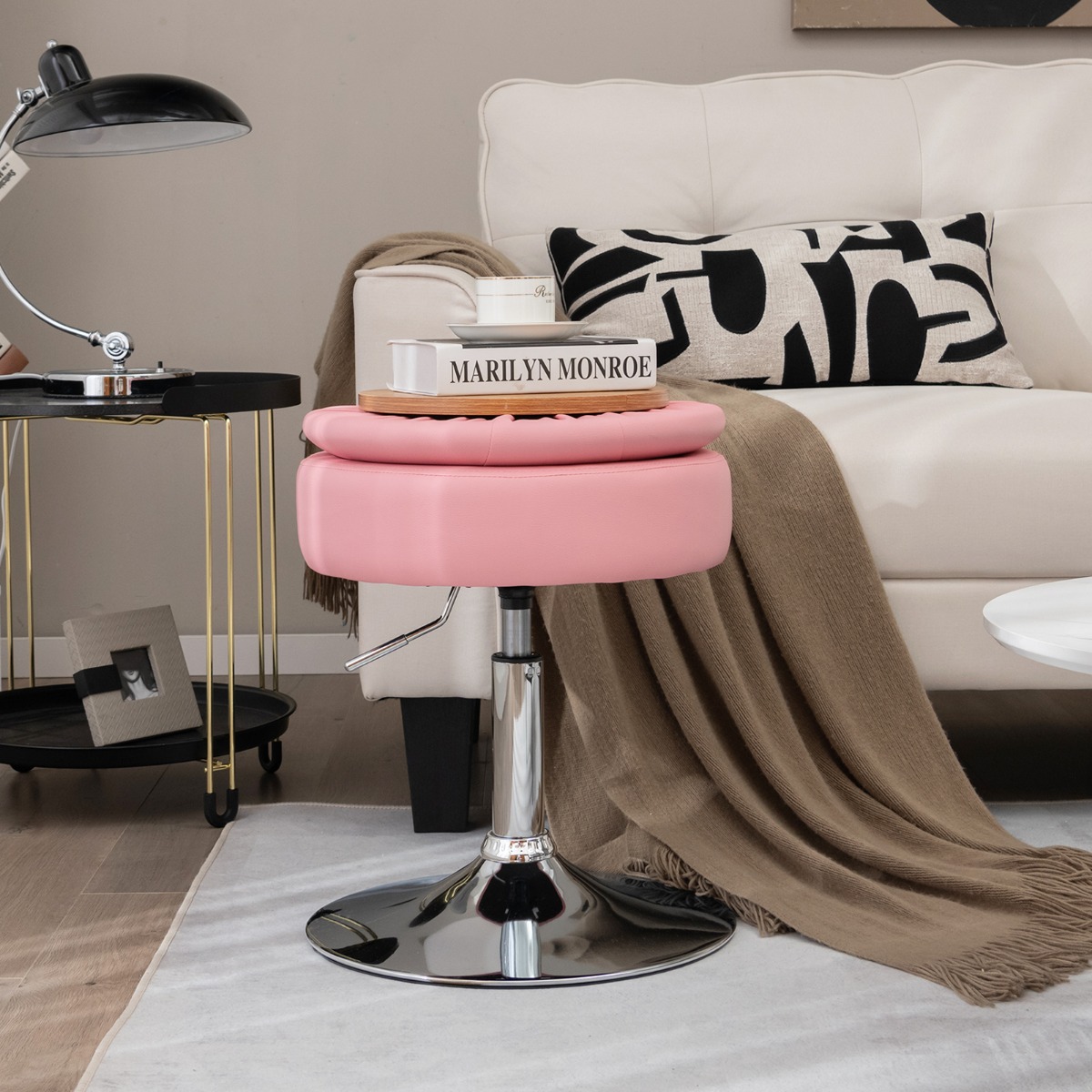 Schminkhocker mit Stauraum um 360° Drehbarer Hocker aus PU-Leder Rosa