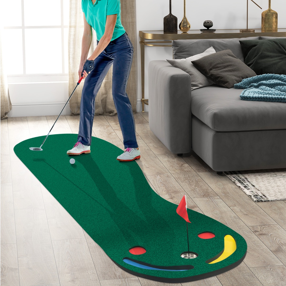 300 x 96 cm Golf Puttingmatte mit 3 Putting Cups & 1 Fahne Faltbare Golfmatte Übungsmatte Grün