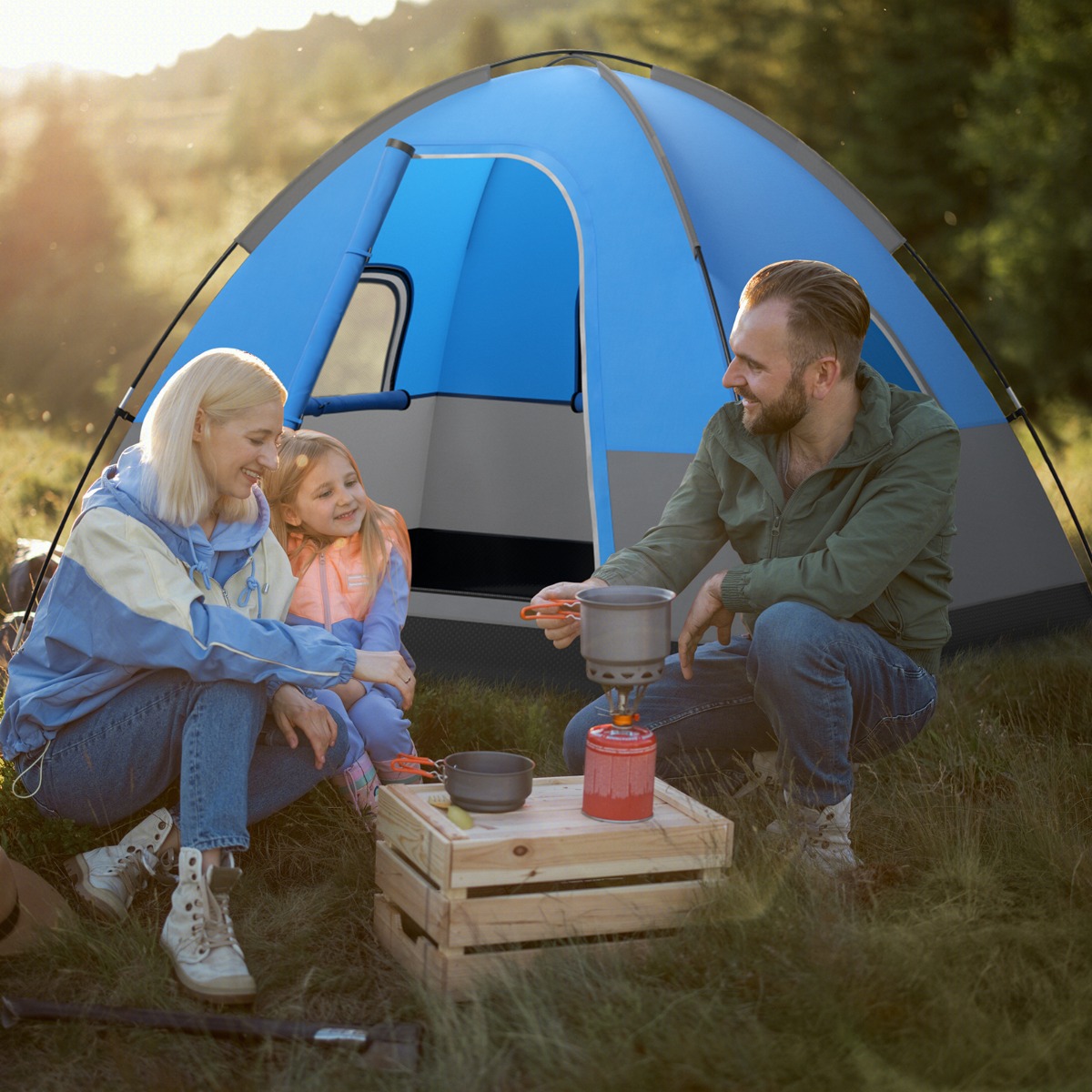 3 Personen Campingzelt mit Abnehmbarer Bodenmatte & Regenschutz & Tragetasche