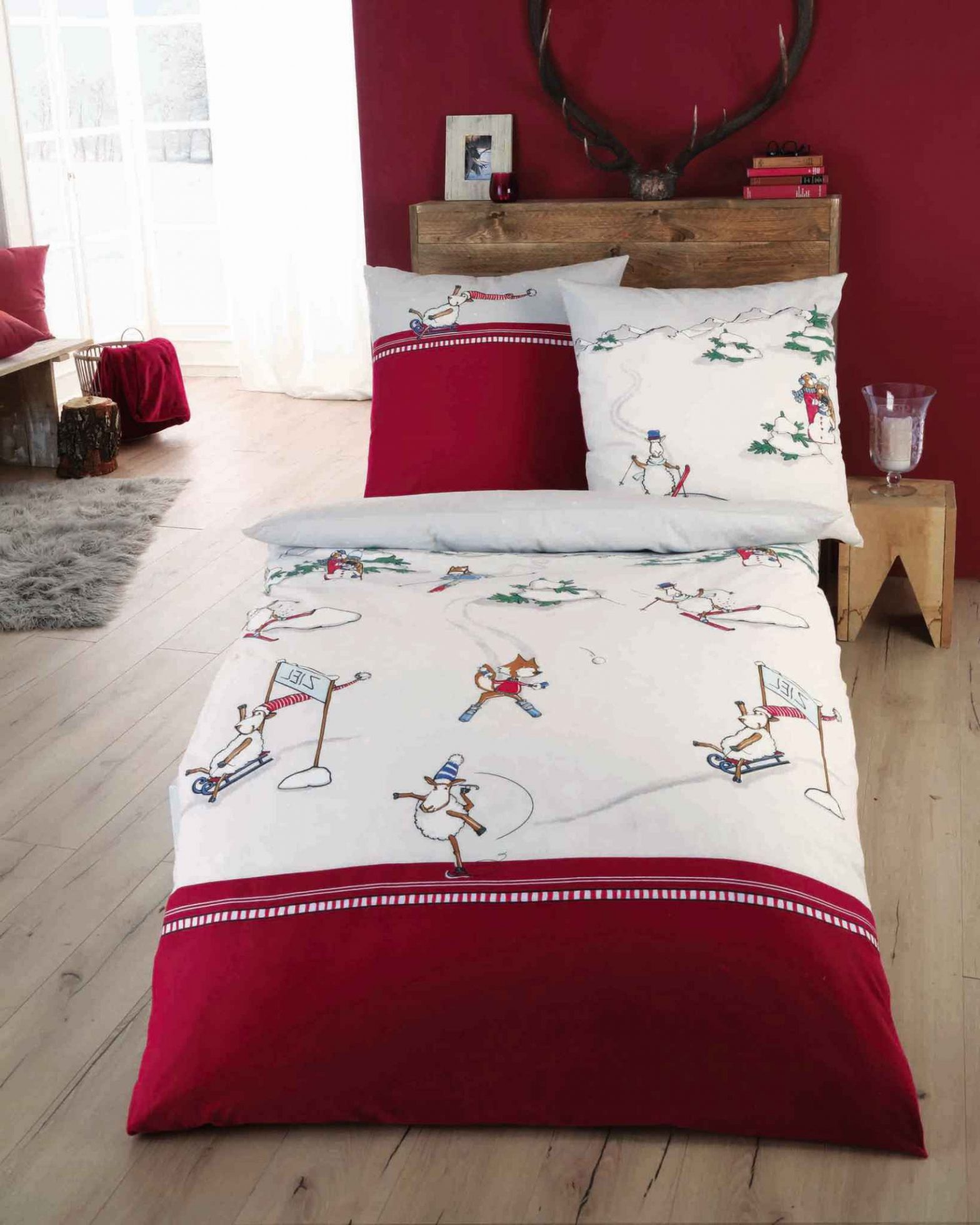 Kaeppel Biber Kinderbettwäsche Wintersport Bordeaux Größe 135×200 cm + 80×80 cm