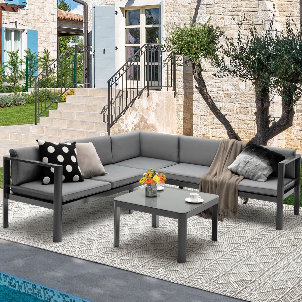 Lounge-Set aus Aluminium Gartenlounge für 4-5 Personen Gartenmöbel-Set Grau