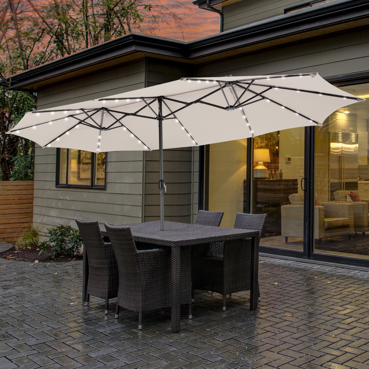 470 cm Großer Doppel-Terrassenschirm mit 48 Solar-LED-Lichtern & Kurbel Außenschirm Beige