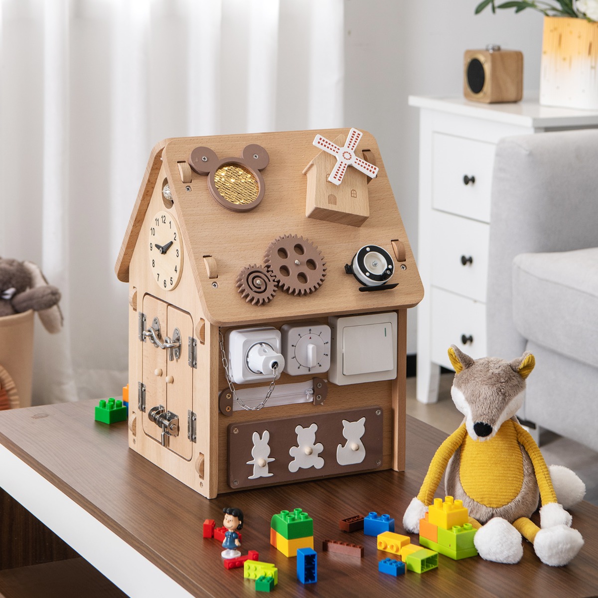 Kinder Spielhaus aus Holz Sensorisches Spielhaus mit Sinnesspielen & Stauraum für Kinder ab 3 J.