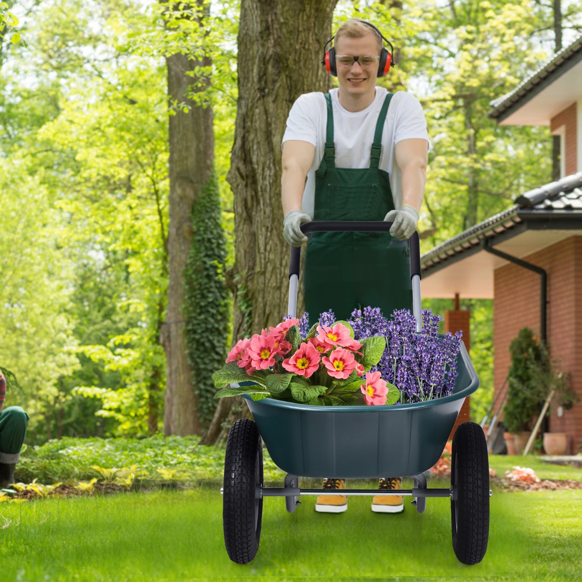 2-rädrige Schubkarre für den Garten Schwerlast-Schublade 145 x 65 x 65 cm Grün