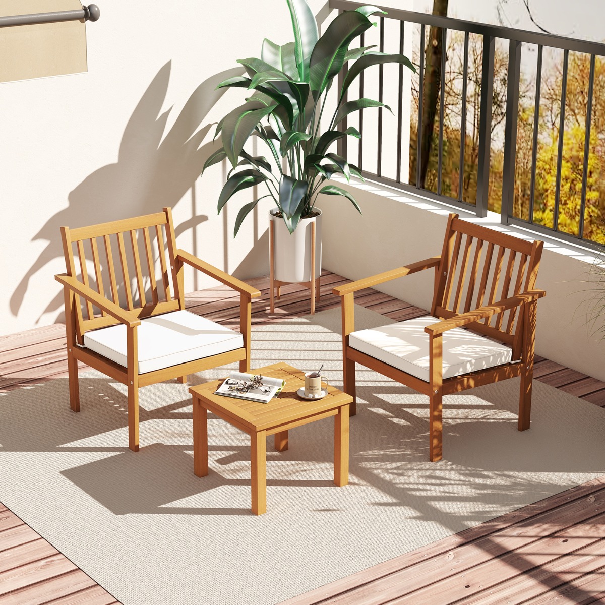 3tlg. Terrassenmöbel-Set aus Akazienholz 2 Gartenstühle mit Kissen & Kaffeetisch Bistroset