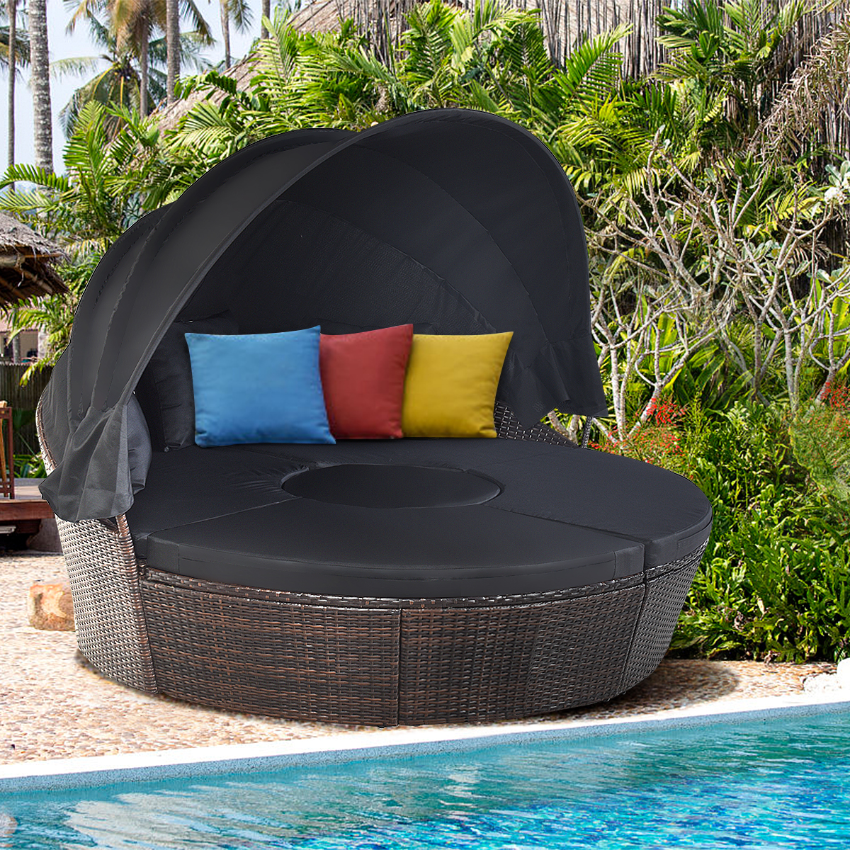 Rattan Sonneninsel mit faltbarem Sonnendach Sonnenliege Ø190 x 142 cm Braun + Schwarz