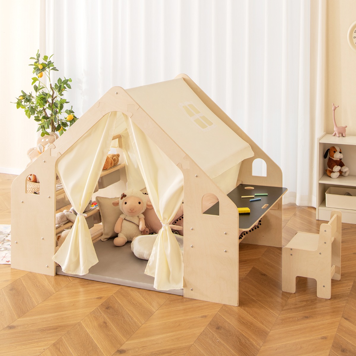 6-IN-1 Holz Kinderzelt mit Kindertisch & Stuhl & Matte & Tafel Spielhaus 145 x 98 x 113 cm