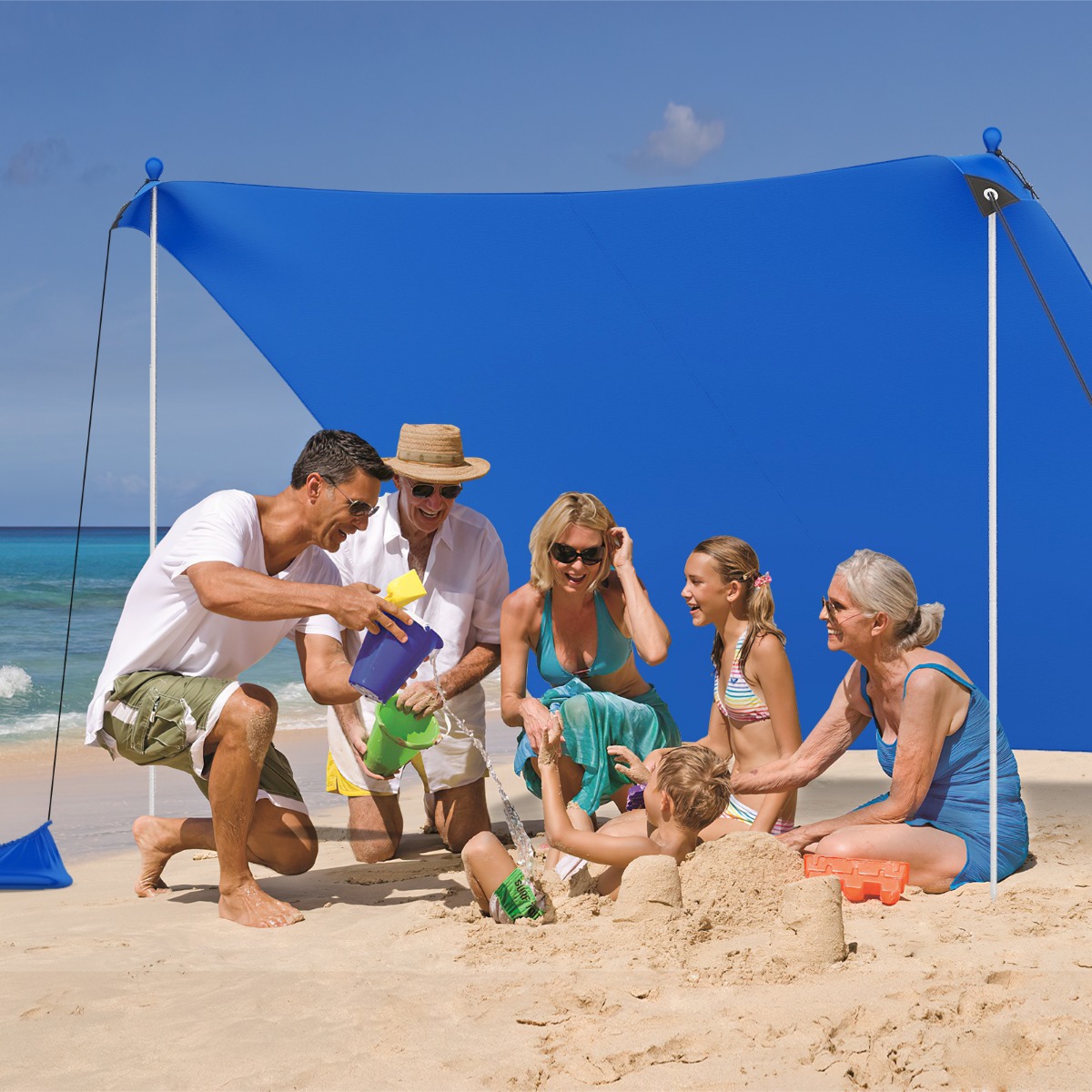 Strandzelt 300 x 300 cm UPF 50+ Sonnenzelt mit Sandankern Sandsäcken und 2 Stützstangen Dunkelblau