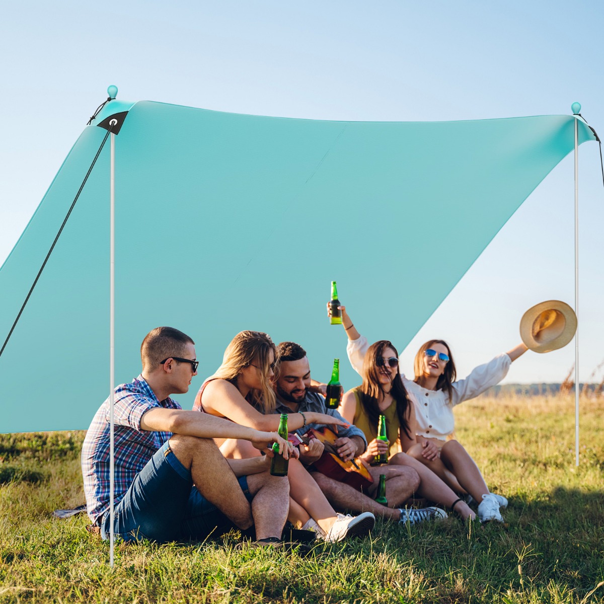 Strandzelt 300 x 300 cm UPF 50+ Sonnenzelt mit Sandankern Sandsäcken und 2 Stützstangen Türkis