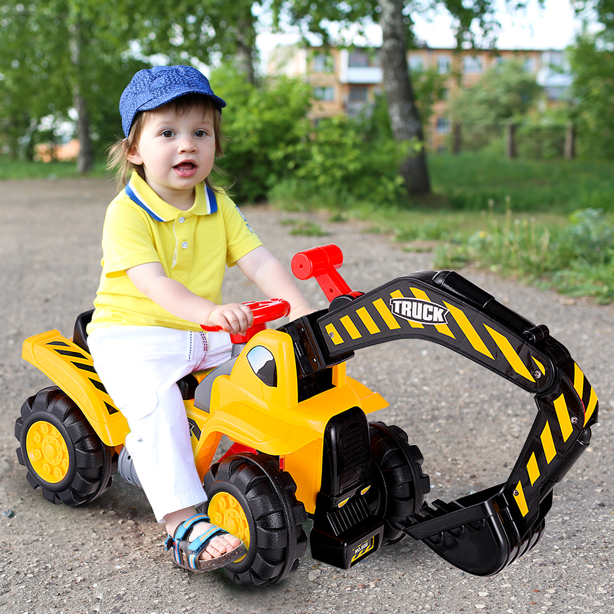 Sitzbagger mit Eingebautem Ablagefach & 3 Steine & Helm Kinderbagger Sandbagger Rutscher Gelb