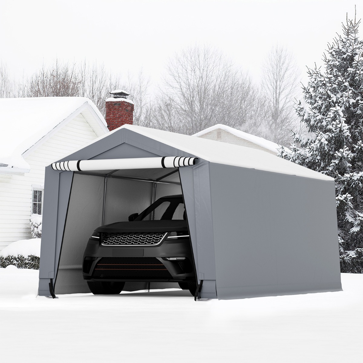 Garagenzelt 290 x 490 cm Großer Carport Zeltgarage mit Türen Autounterstand für SUV Boot Grau