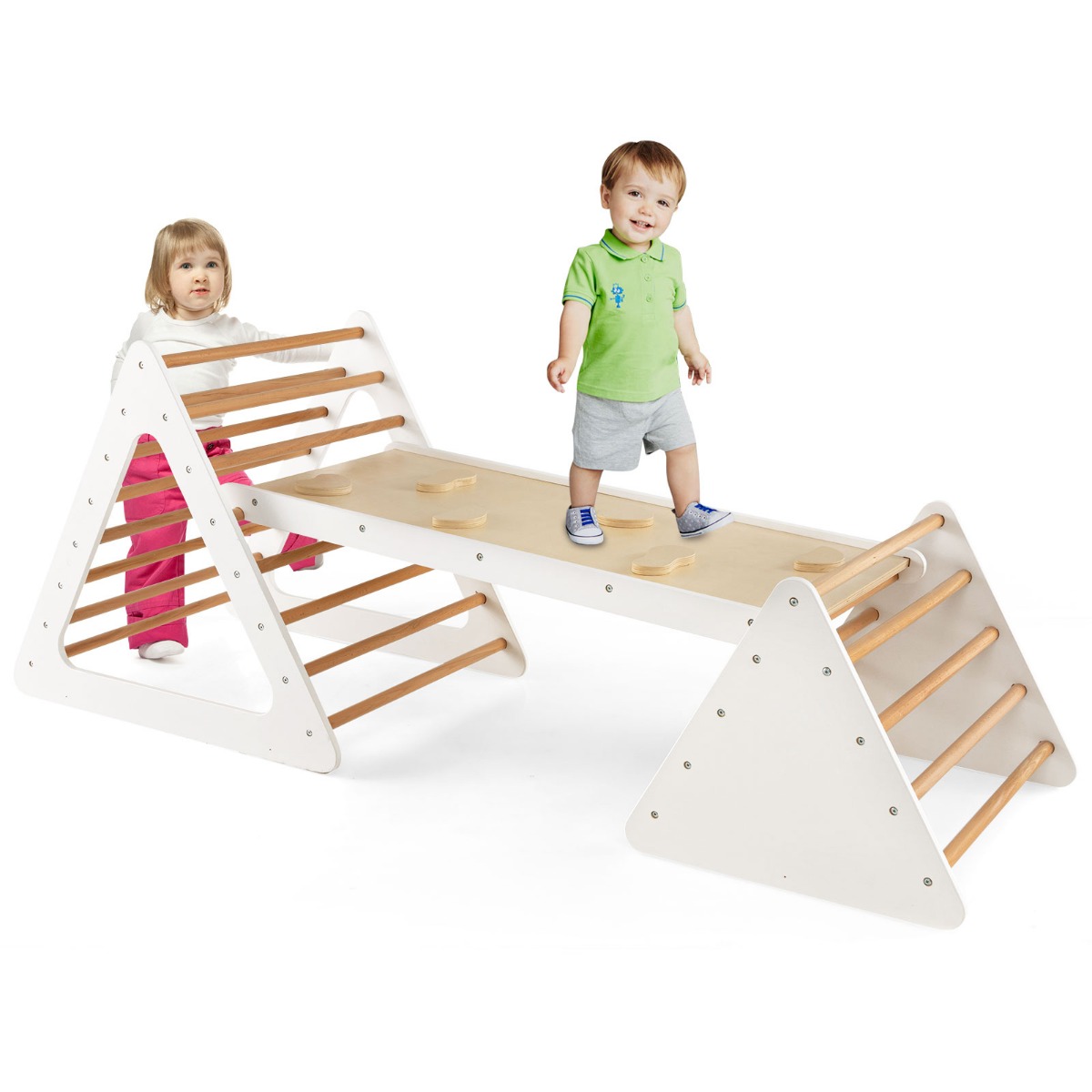 3 in 1 Kletterspielzeug-Set für Kleinkinder Kletterdreieck & Leiter & Rutsche Klettergerüst Natur