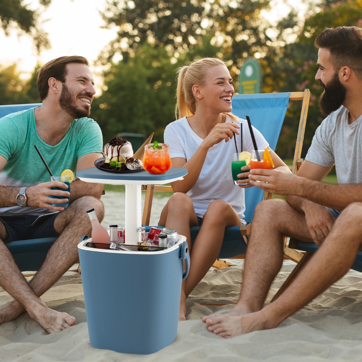 15 L Tragbarer Cool Bar mit Anhebbarer Tischplatte & Flaschenöffner Beistelltisch Kühlbox Blau