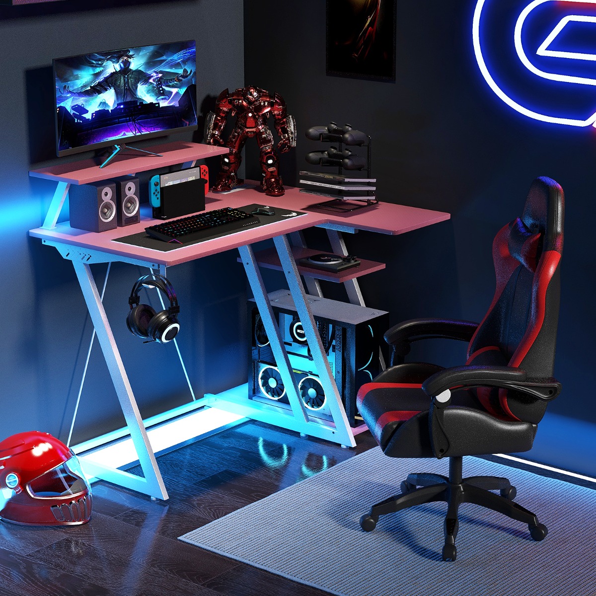 L-förmiger Gaming-Schreibtisch mit Steckdosen & USB-Anschlüssen mit Monitorregal Computertisch -Rosa