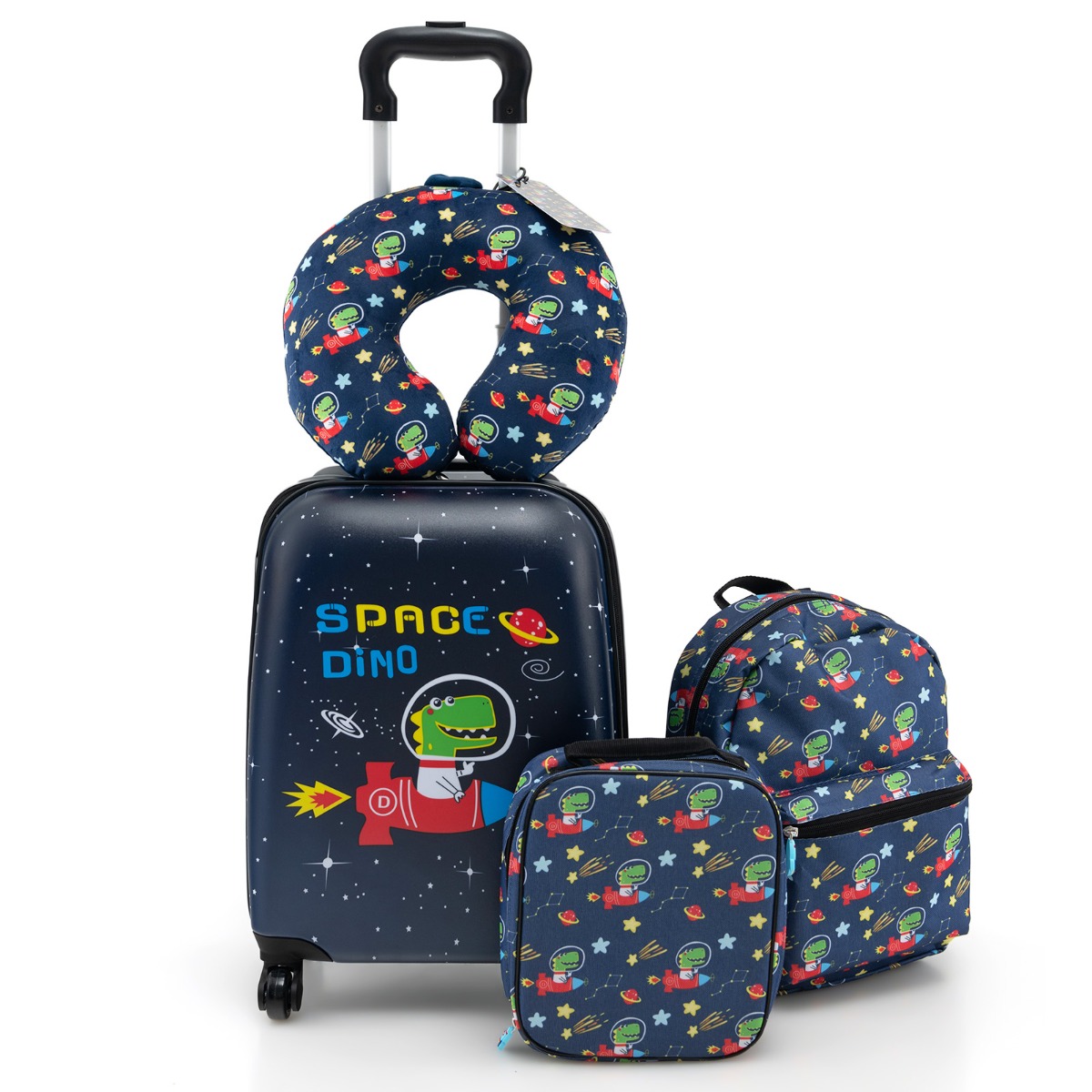 5tlg. Kindergepäckset 16-Zoll-Rollkoffer mit Rucksack & Nackenkissen & Gepäckanhänger & Lunchbox-Schwarz