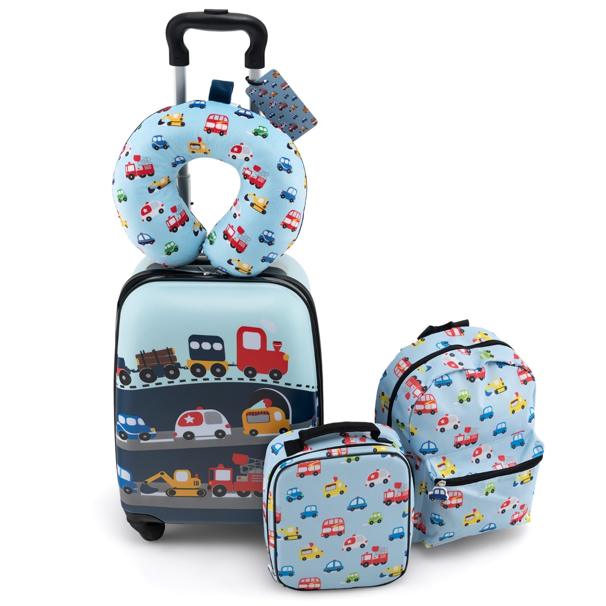 5tlg. Kindergepäckset 16-Zoll-Rollkoffer mit Rucksack & Nackenkissen & Gepäckanhänger & Lunchbox-Blau