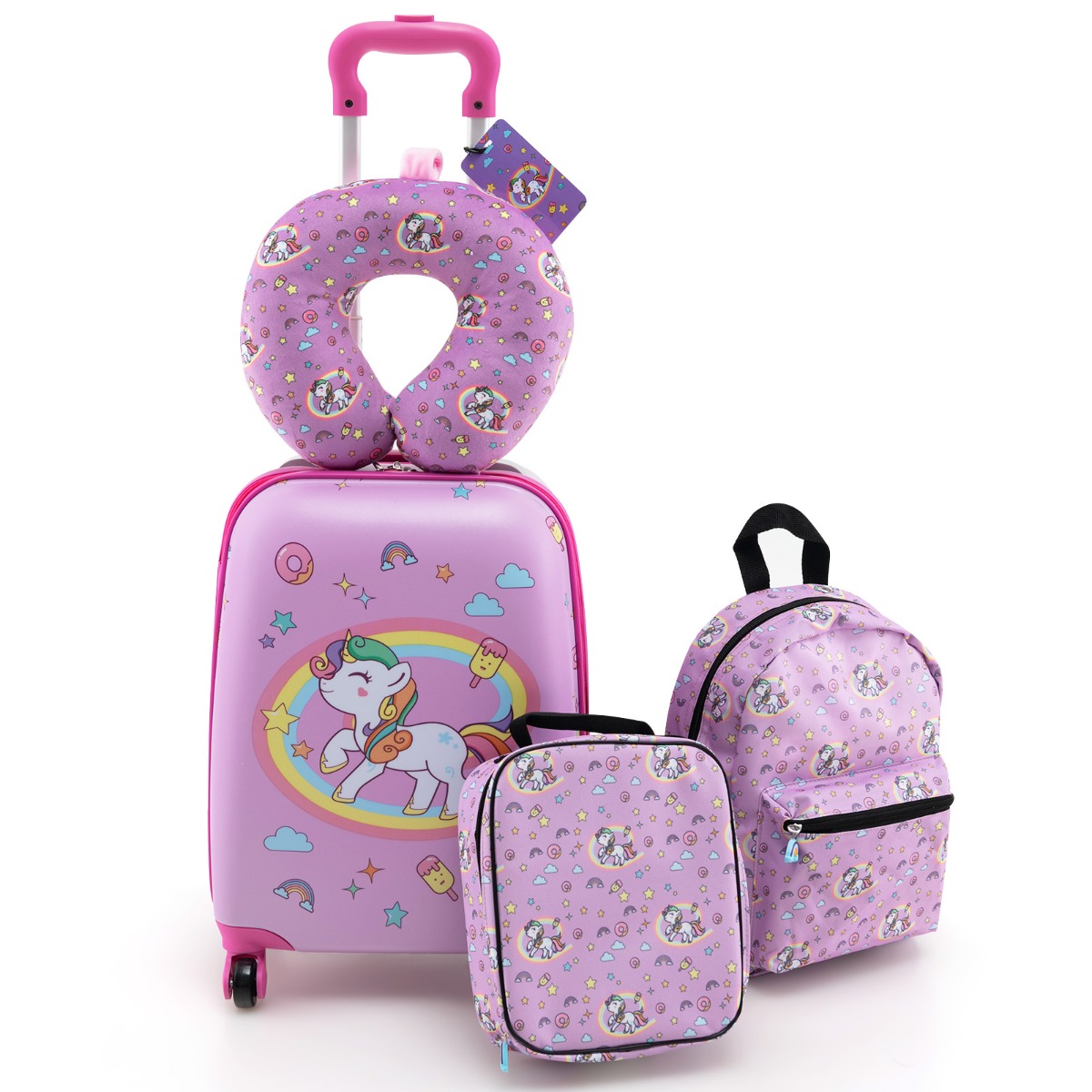 5tlg. Kindergepäckset 16-Zoll-Rollkoffer mit Rucksack & Nackenkissen & Gepäckanhänger & Lunchbox-Rosa