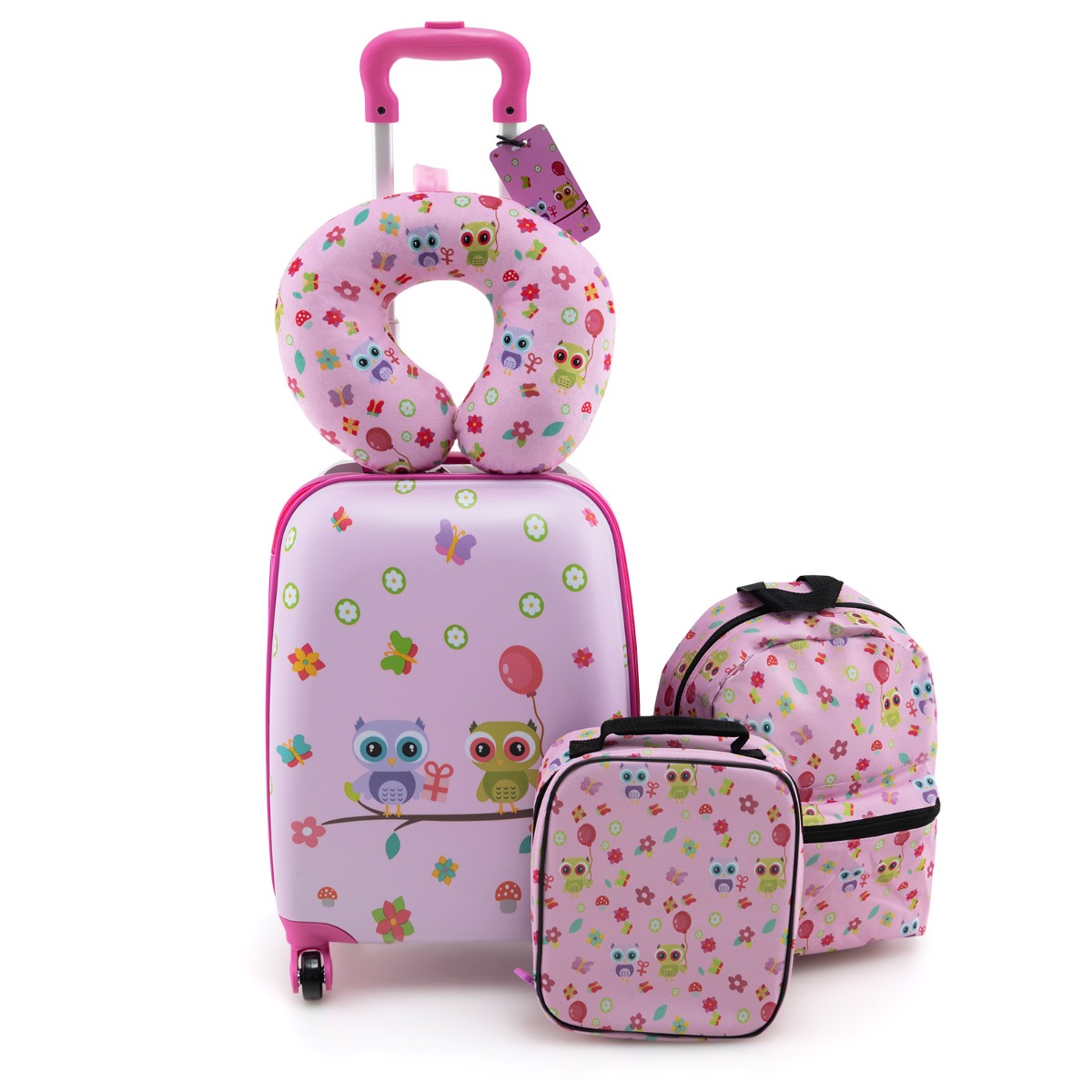 5tlg. Kindergepäckset 16-Zoll-Rollkoffer mit Rucksack & Nackenkissen & Gepäckanhänger & Lunchbox-Hellrosa