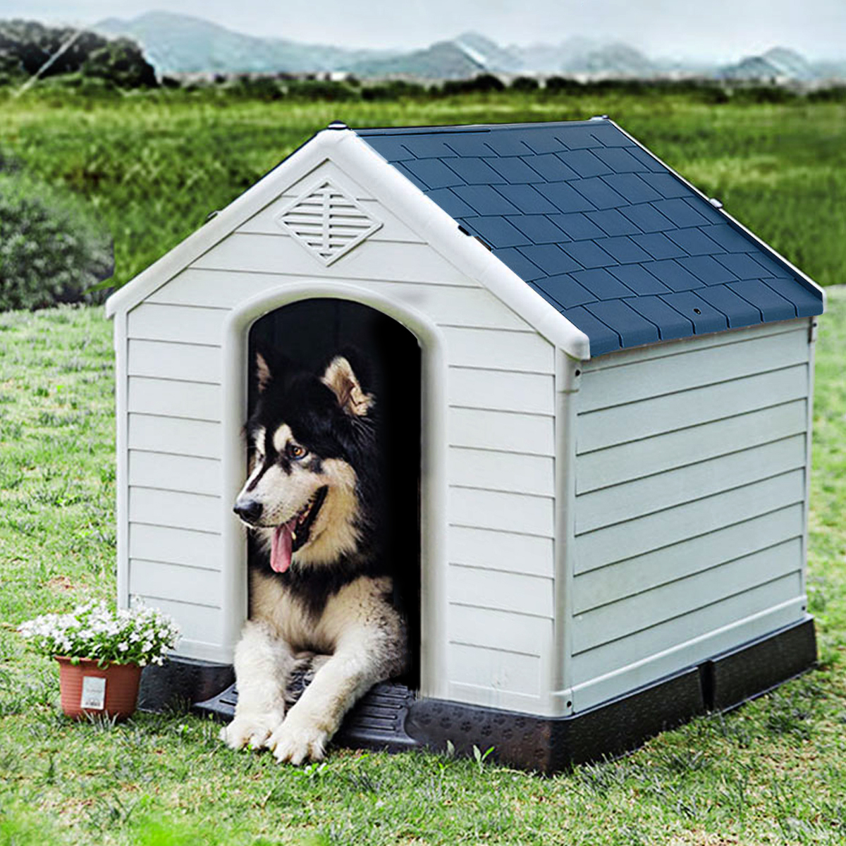 Plastik Hundehütte Haustierbedarf Hundehaus für Garten 87,7 x 78,5 x 81,5 cm Weiß + Blau