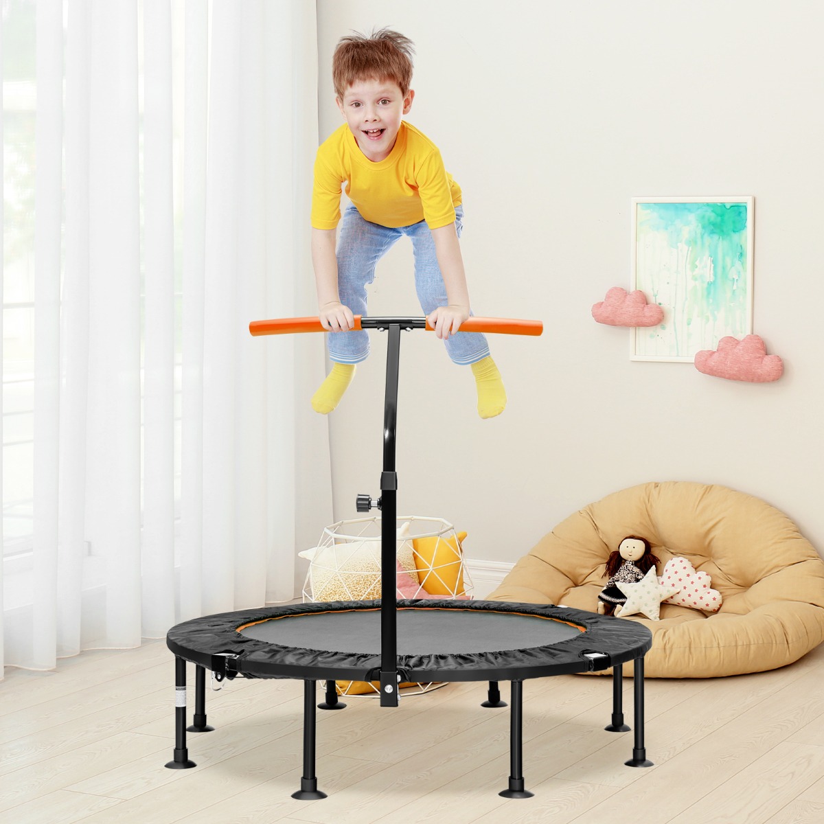 φ117cm Klappbares Mini Trampolin mit Höhenverstellbarem Griff Kindertrampolin Orange