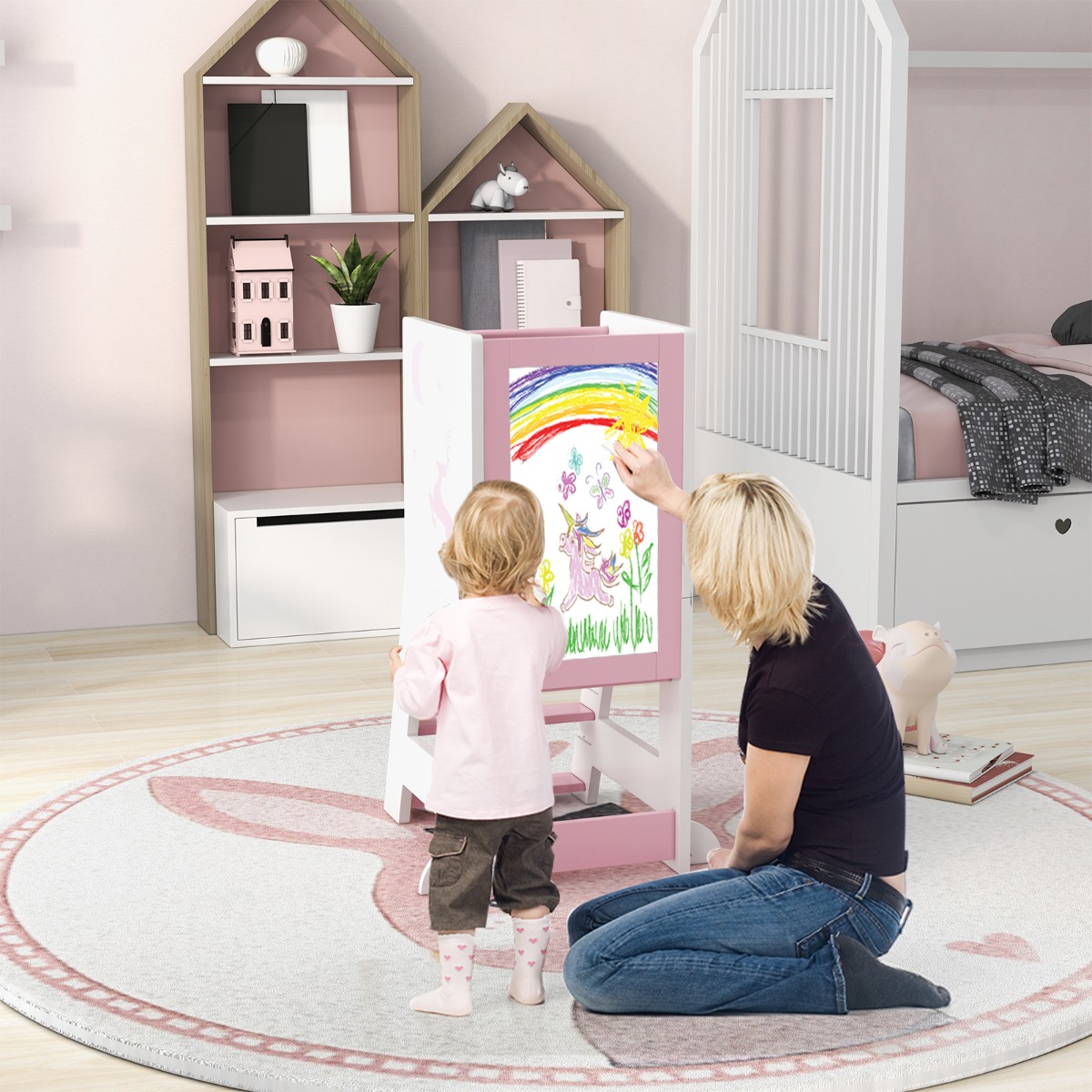 2 in 1 Kinder Lernturm mit Doppelseitiger Tafel & 3 Verstellbare Höhen Küchenhocker Trittschemel Rosa