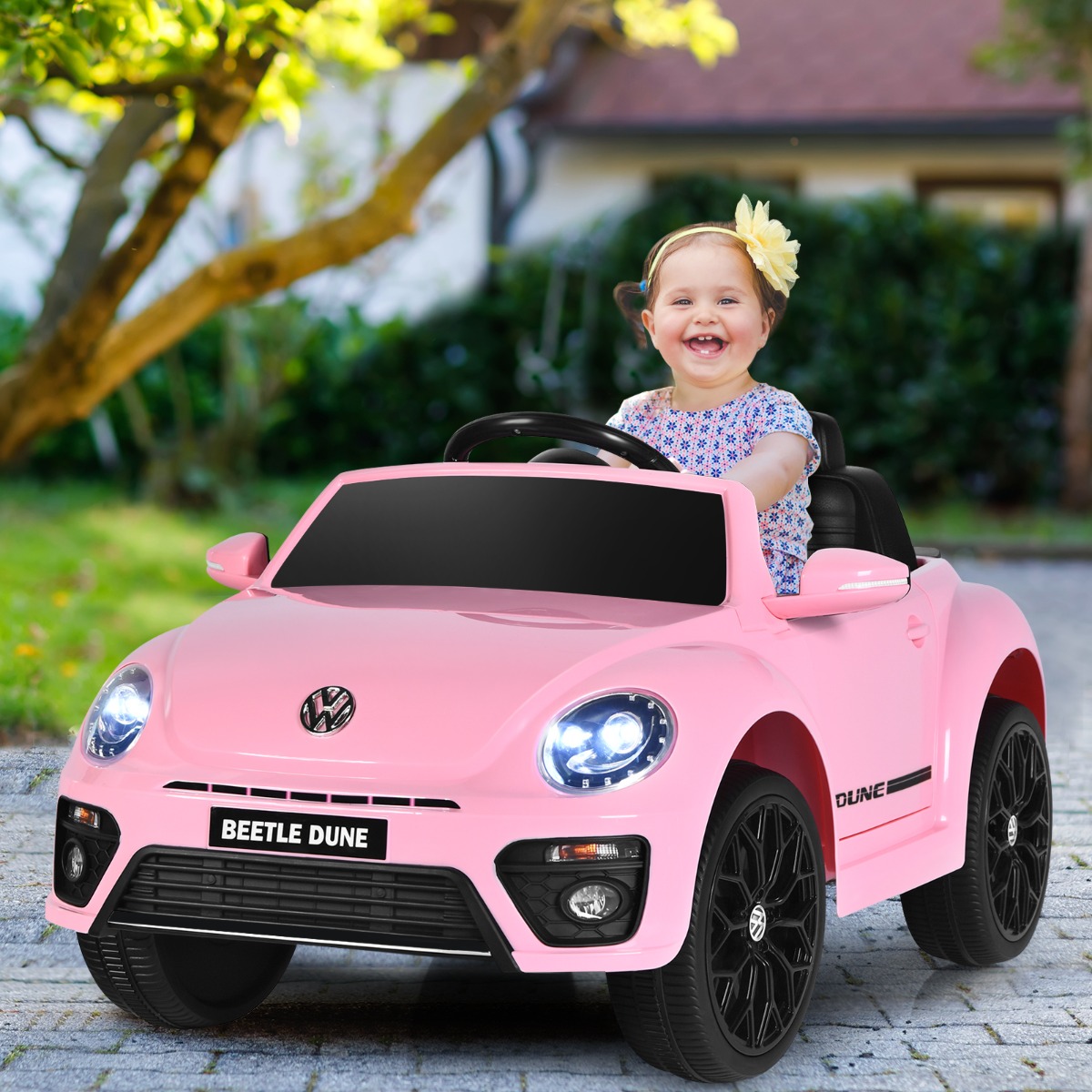 VW Beetle Kinderauto mit Musik & 2 Beleuchtungsmodi inkl. 2,4G Fernbedienung Rosa