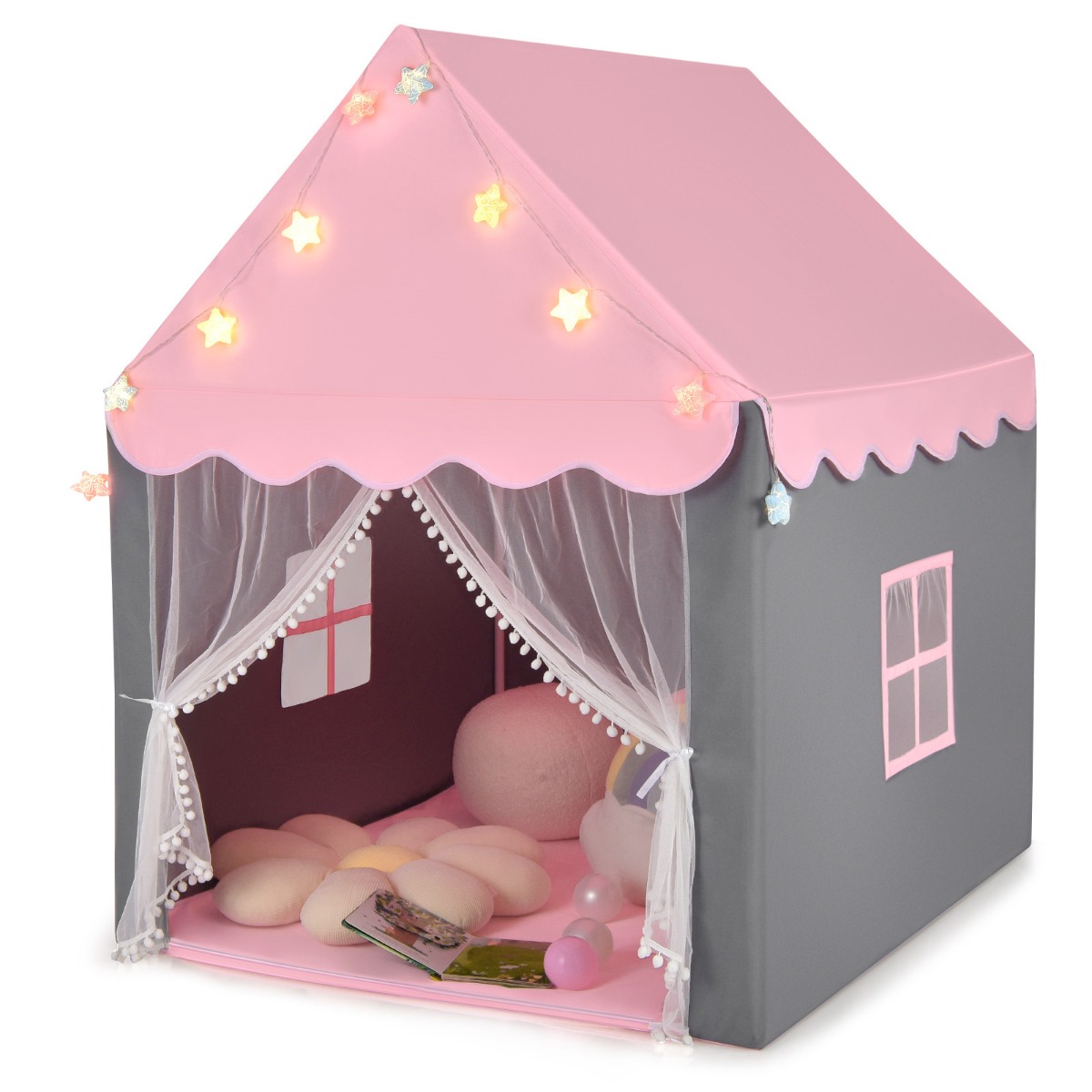 Kinder-Spielzelt Kinderspielhaus mit Sternenlichter 105 x 121 x 136 cm Rosa + Grau