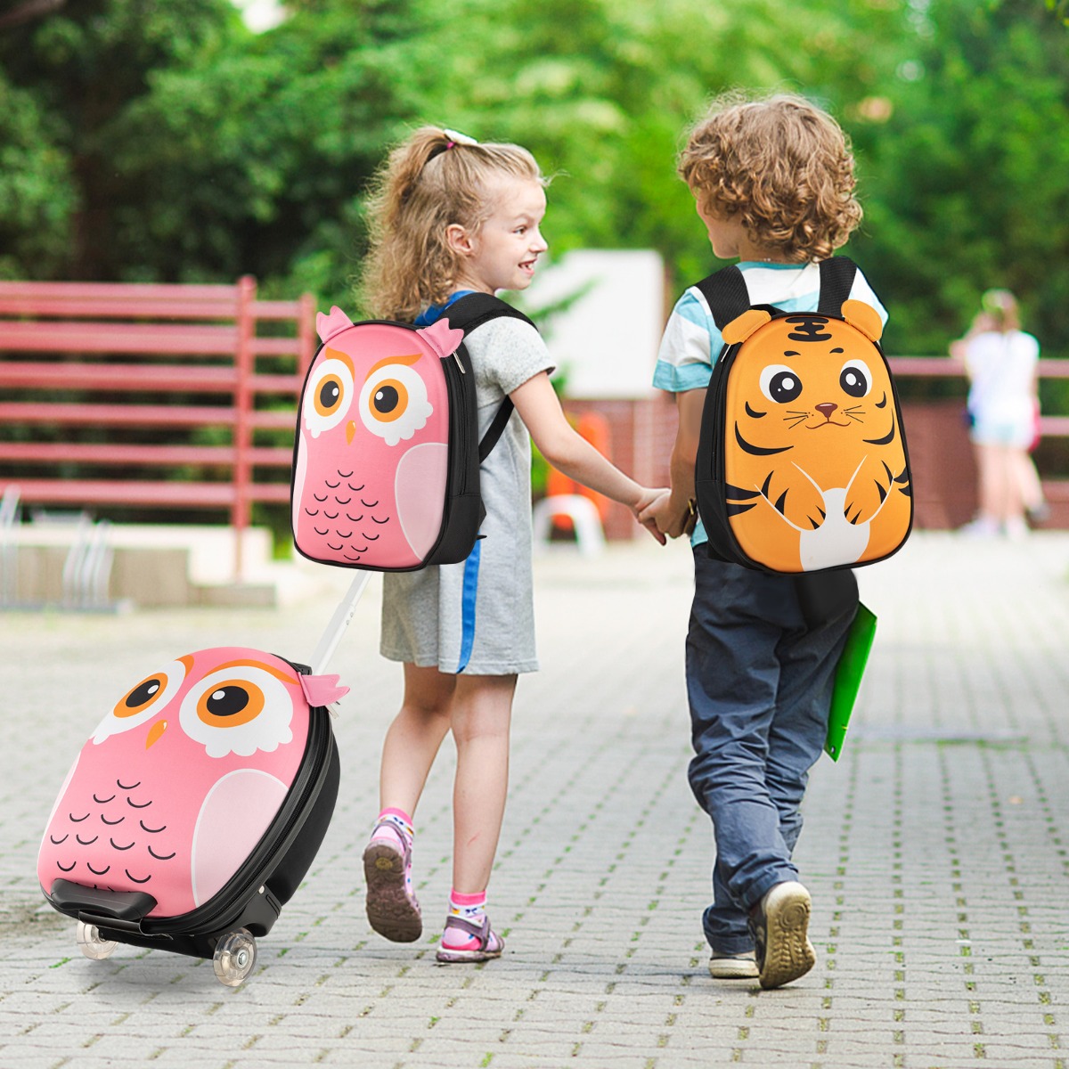 2 TLG Kinderkoffer & Rucksack mit Rollen & 3 stufigem Teleskopgriff 12”+16” Kindertrolley Eule