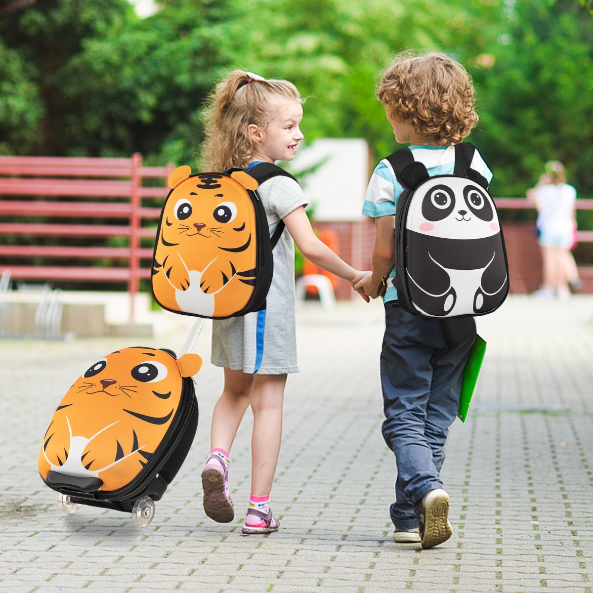 2 TLG Kinderkoffer & Rucksack mit Rollen & 3 stufigem Teleskopgriff 12”+16” Kindertrolley Tiger