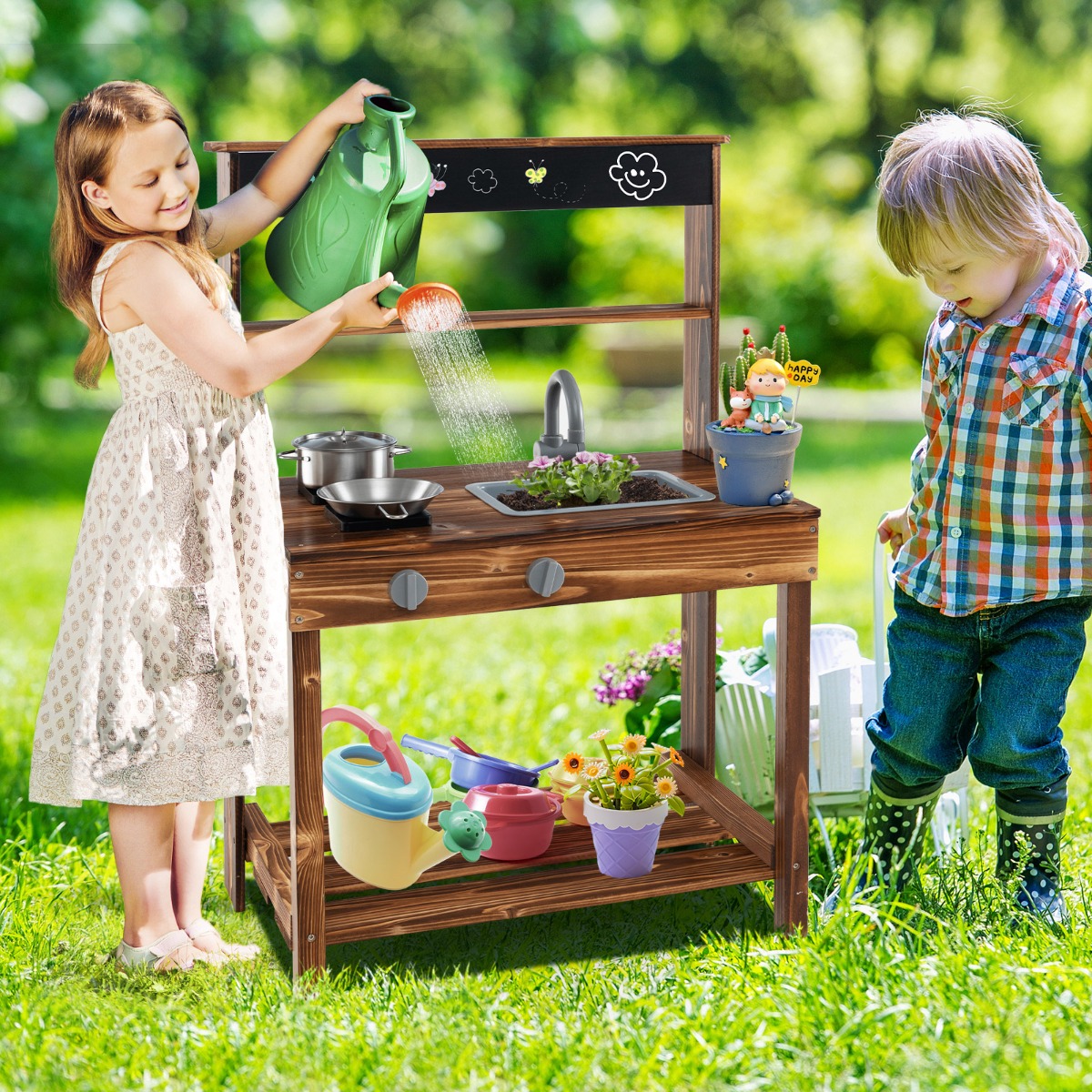 Kinderküchen aus Tannenholz mit Drehbarem Wasserhahn & Abnehmbarem Spülbecken & Kreidetafel