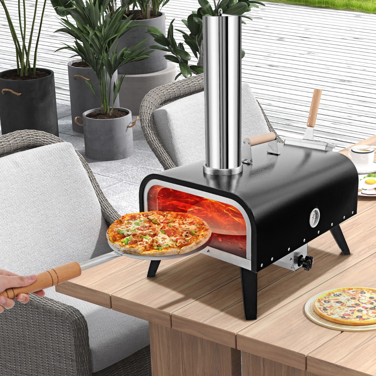 Outdoor Pizzaofen aus Edelstahl mit Pizzastein & Pizzaschaufel & Thermometer & Tragetasche