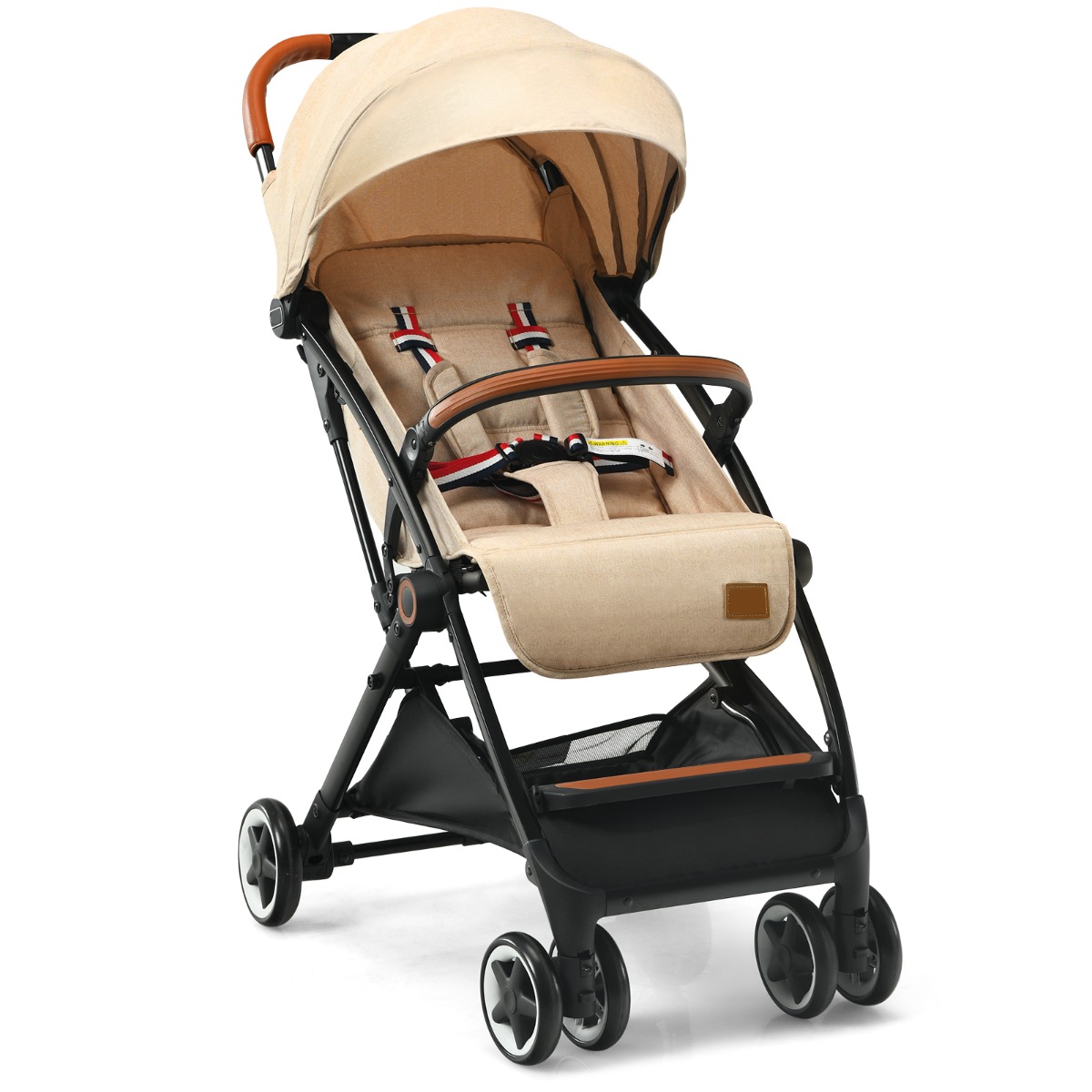 Faltbarer Kinderwagen mit Verstellbare Rückenlehne & Fußstütze & Verdeck Beige