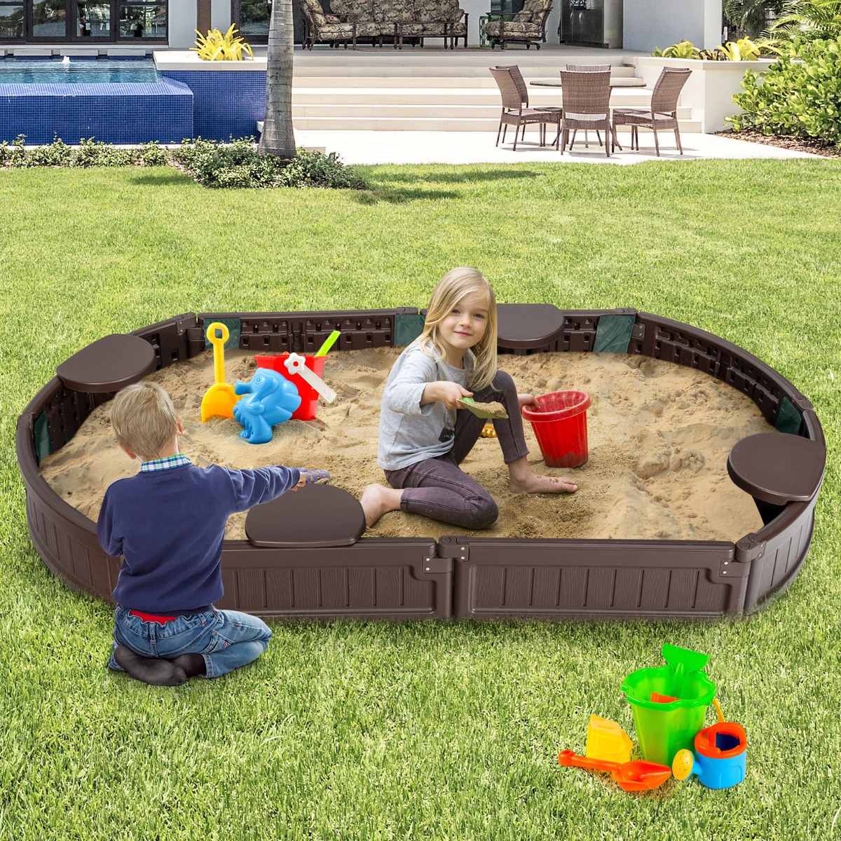 Sandbox Sandkasten mit Wasserdichter Abdeckung 183 x 105 x 21 cm Braun