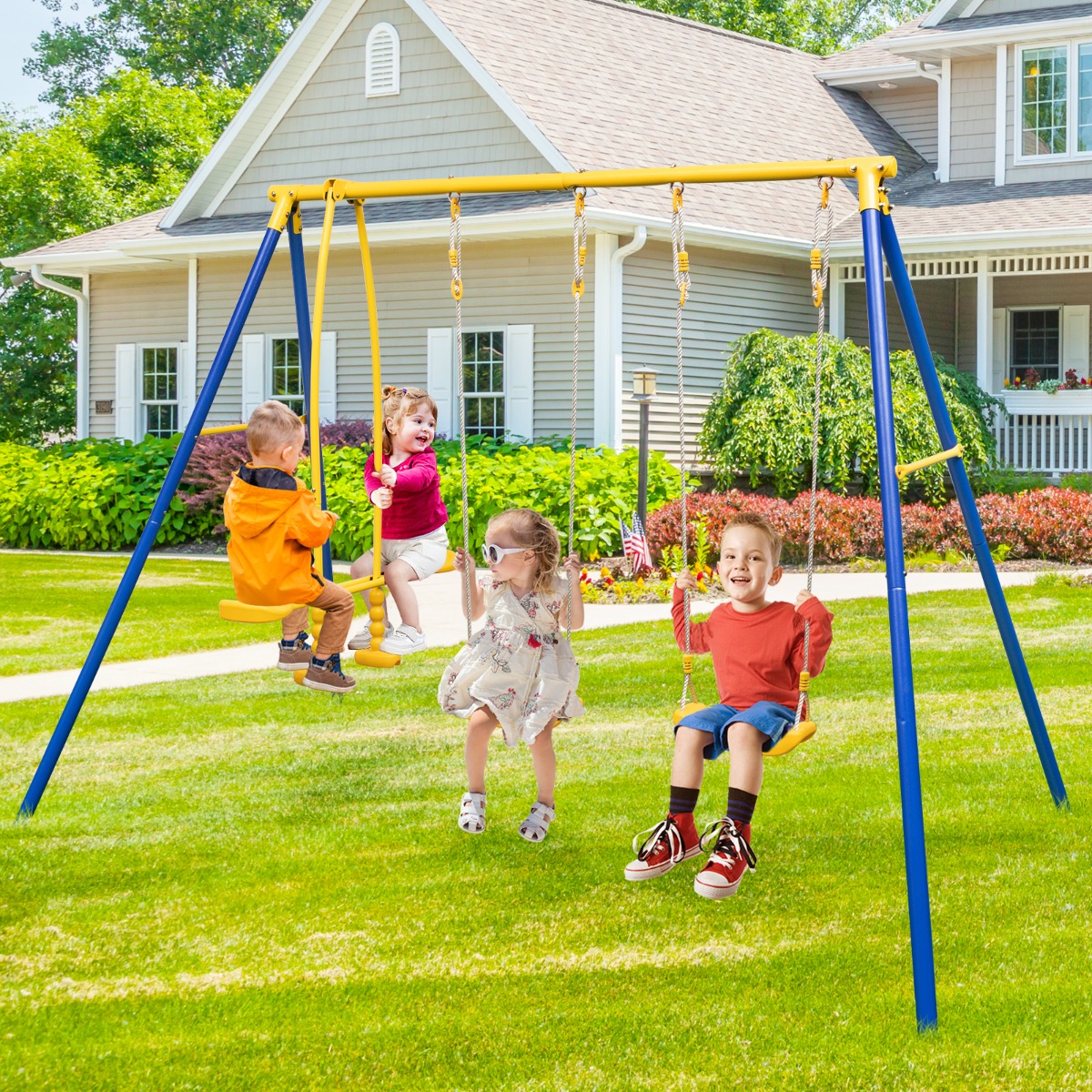 Schaukelgestell mit 2 Schaukeln & Gleitersitzen & Verstellbaren Hängeseilen Kinderschaukel