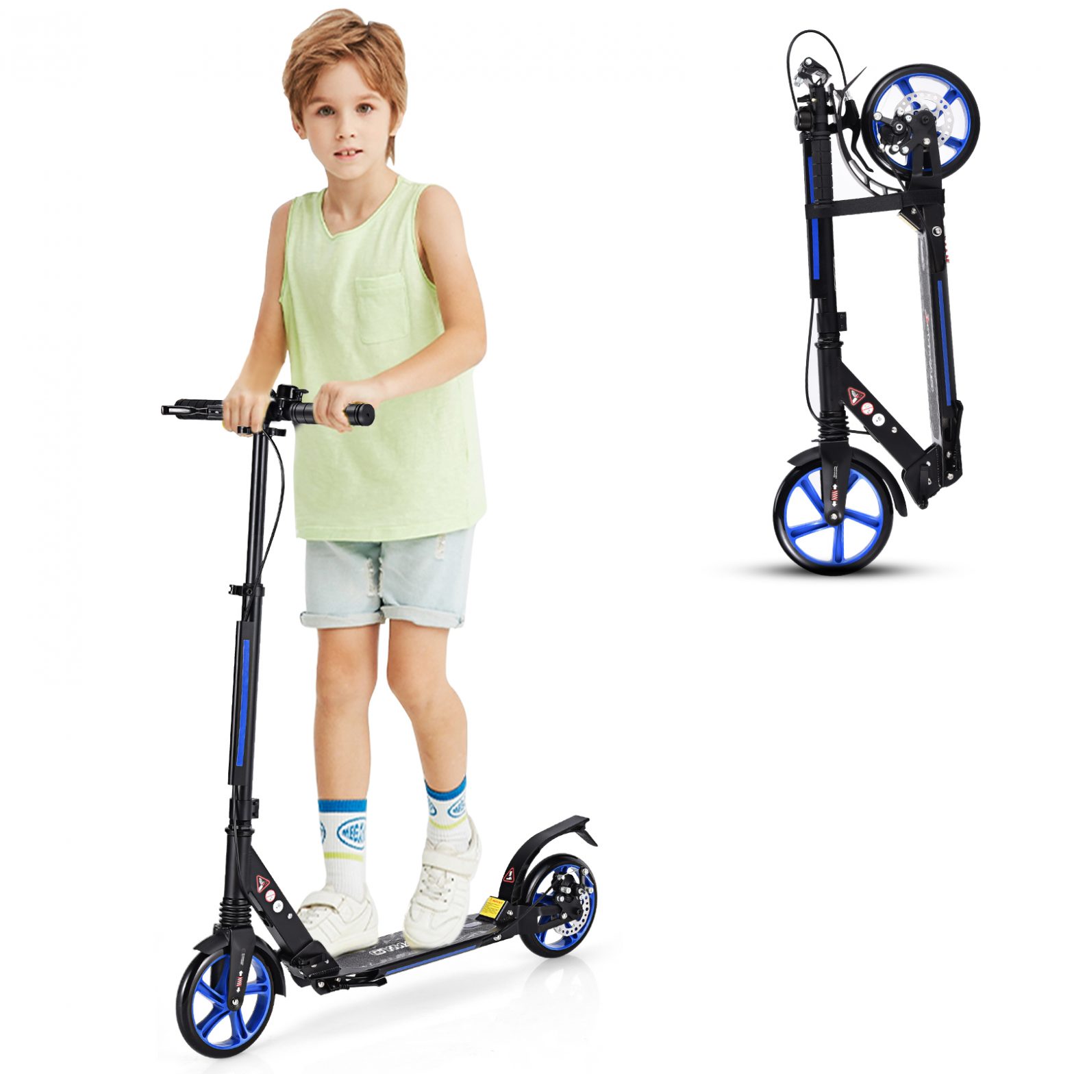 Sport Scooter mit Aluminium Trittbrett Kickscooter Scooter Roller höhenverstellbar Tretroller klappbar Schwarz und Blaue Räder