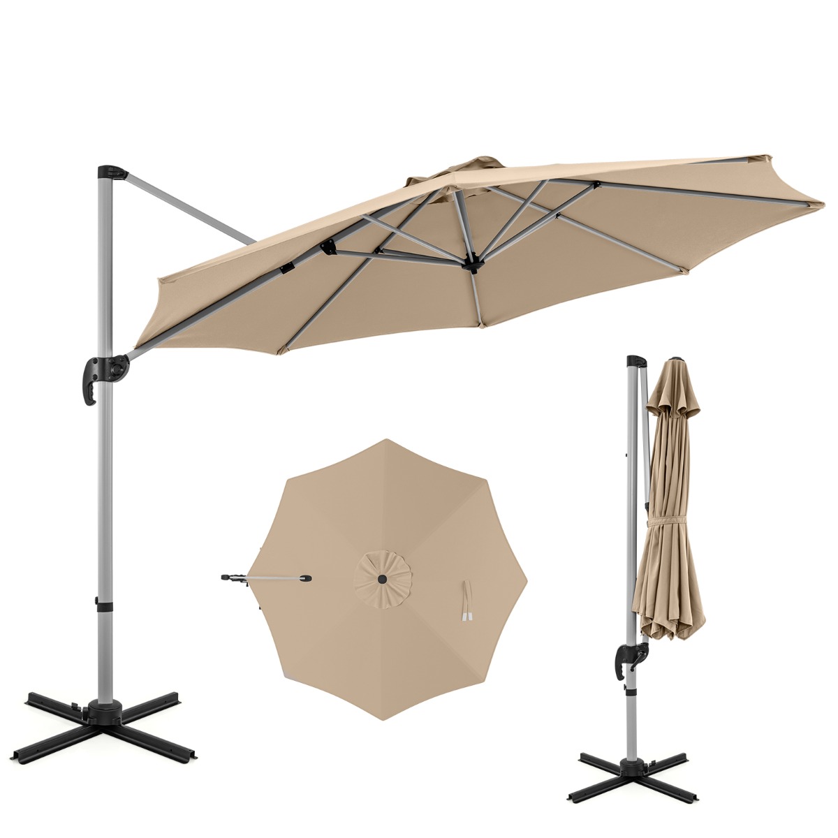 Ø 330 cm Sonnenschirm mit Kurbel & UPF 50+ & 360° Drehbarer Ampelschirm Gartenschirm Beige