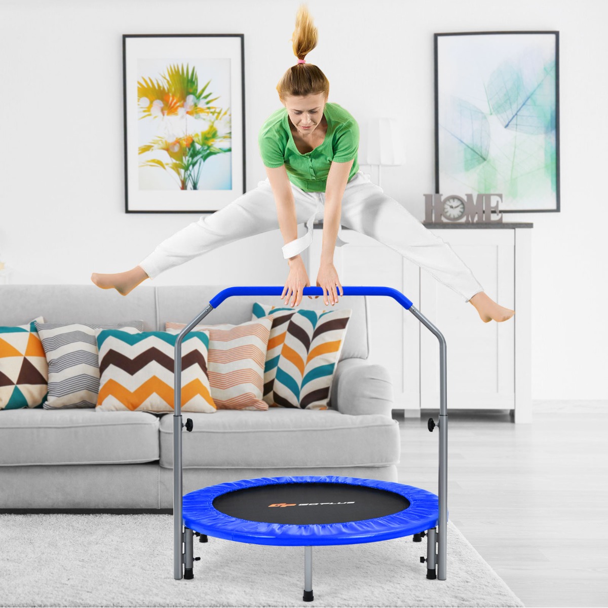 Ø101 cm klappbares Mini-Trampolin Fitness-Trampolin mit höhenverstellbarm Haltegriff Blau + Schwarz