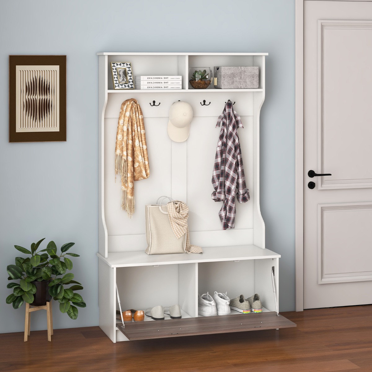 Garderobenständer mit Sitzbank & 5 Doppelhaken Garderobe Flurgarderobe 100 x 40 x 160 cm Weiß