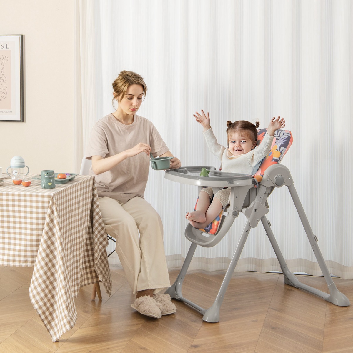 6 in 1 Umwandelbarer Babyhochstuhl mit Liegefunktionen & Doppeltablett Klappbarer Hochstuhl Blumen