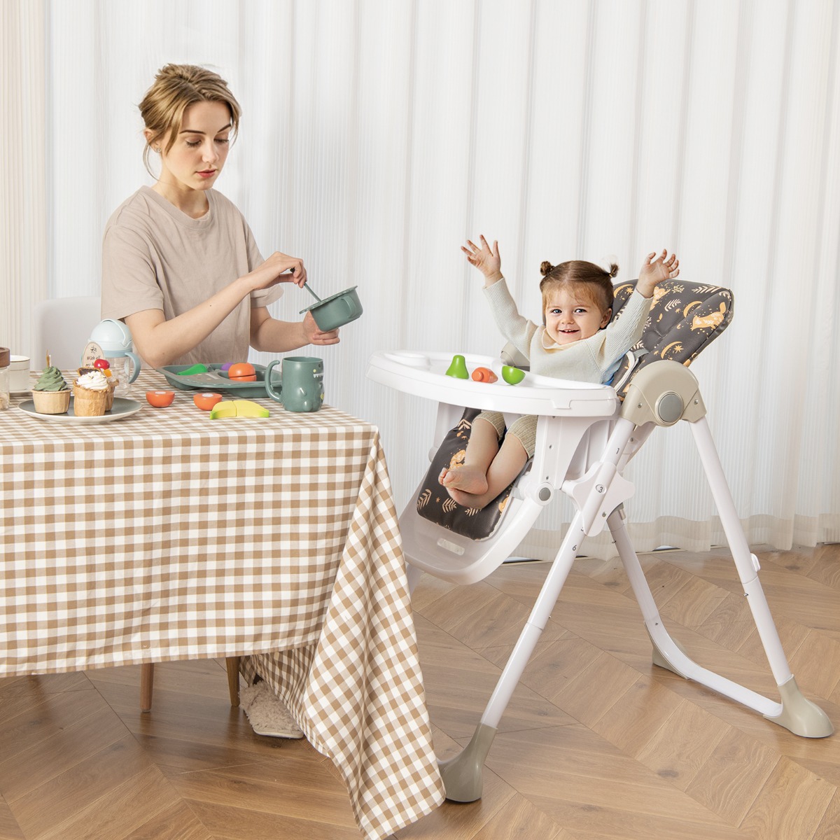 6 in 1 Umwandelbarer Babyhochstuhl mit Liegefunktionen & Doppeltablett Klappbarer Hochstuhl Braun