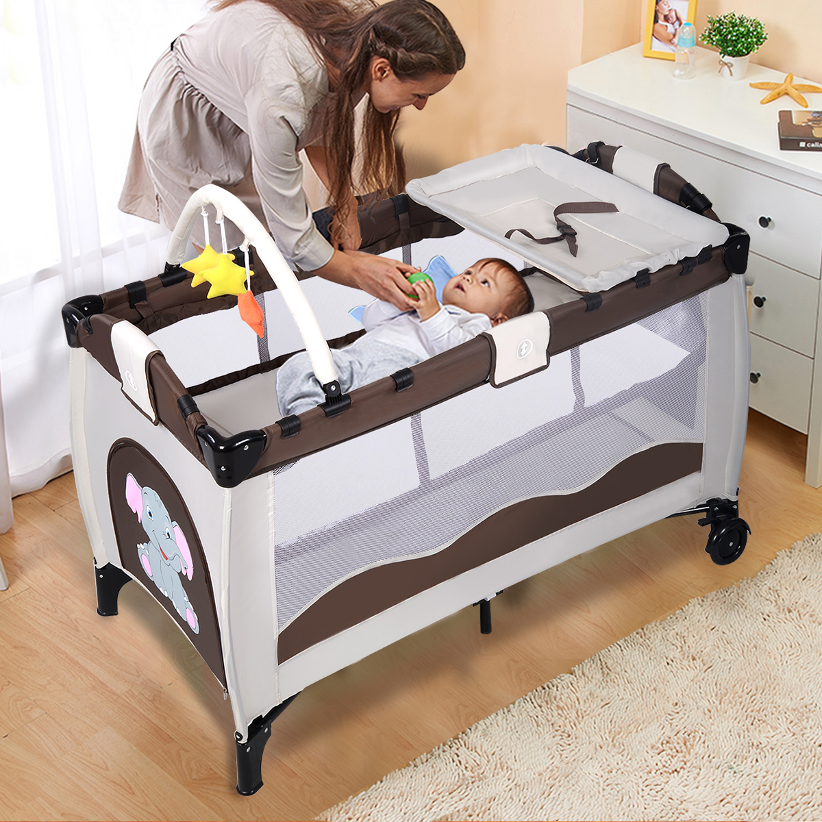 Babybett Reisebett Kinderbett Baby Laufstall Klappbett Wiege Kinderreisebett-Kaffee