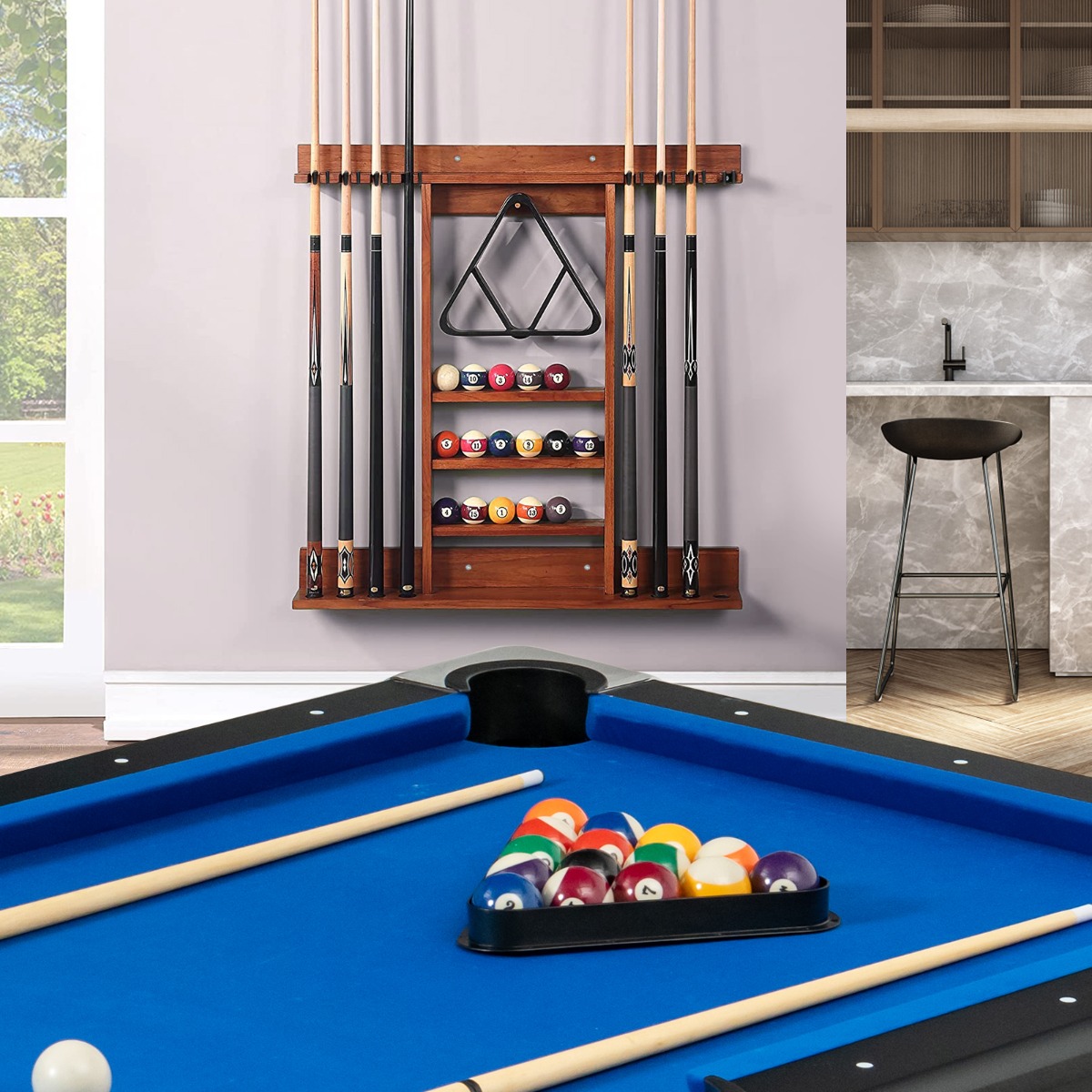 Billard-Pool-Queue-Rack Wandbefestigter Billardstockhalter für 8 Queues 15 Billardkugeln Braun