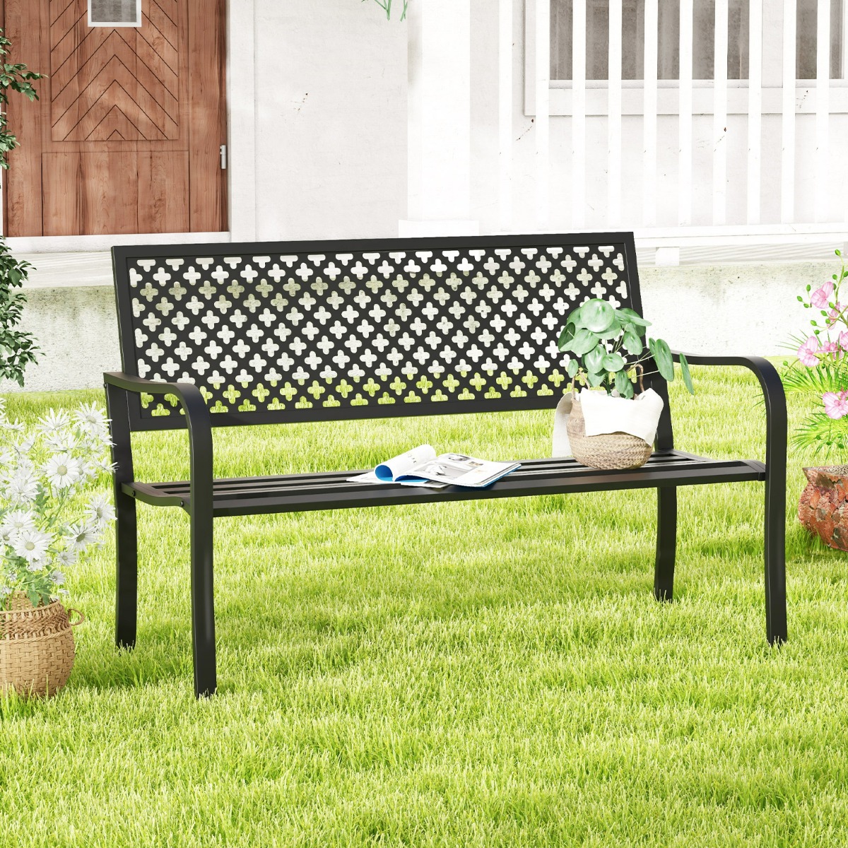 Gartenbank Metall wetterfeste Sitzbank für 2-3 Sitzer Parkbank mit Rückenlehne & Armlehne 127 x 62 x 86 cm Schwarz