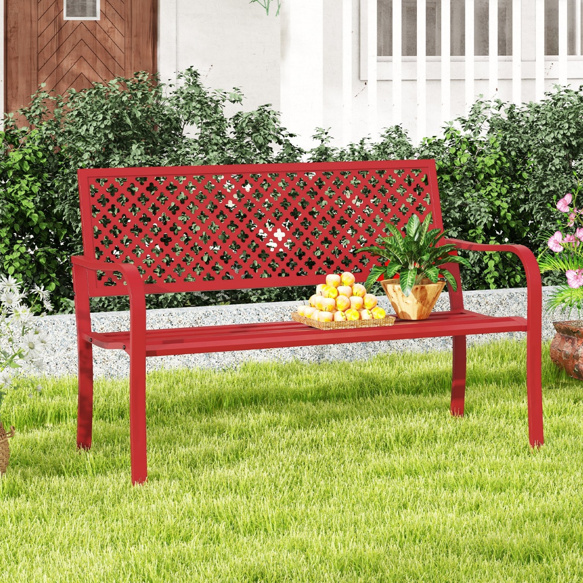 Gartenbank Metall wetterfeste Sitzbank für 2-3 Sitzer Parkbank mit Rückenlehne & Armlehne 127 x 62 x 86 cm Rot