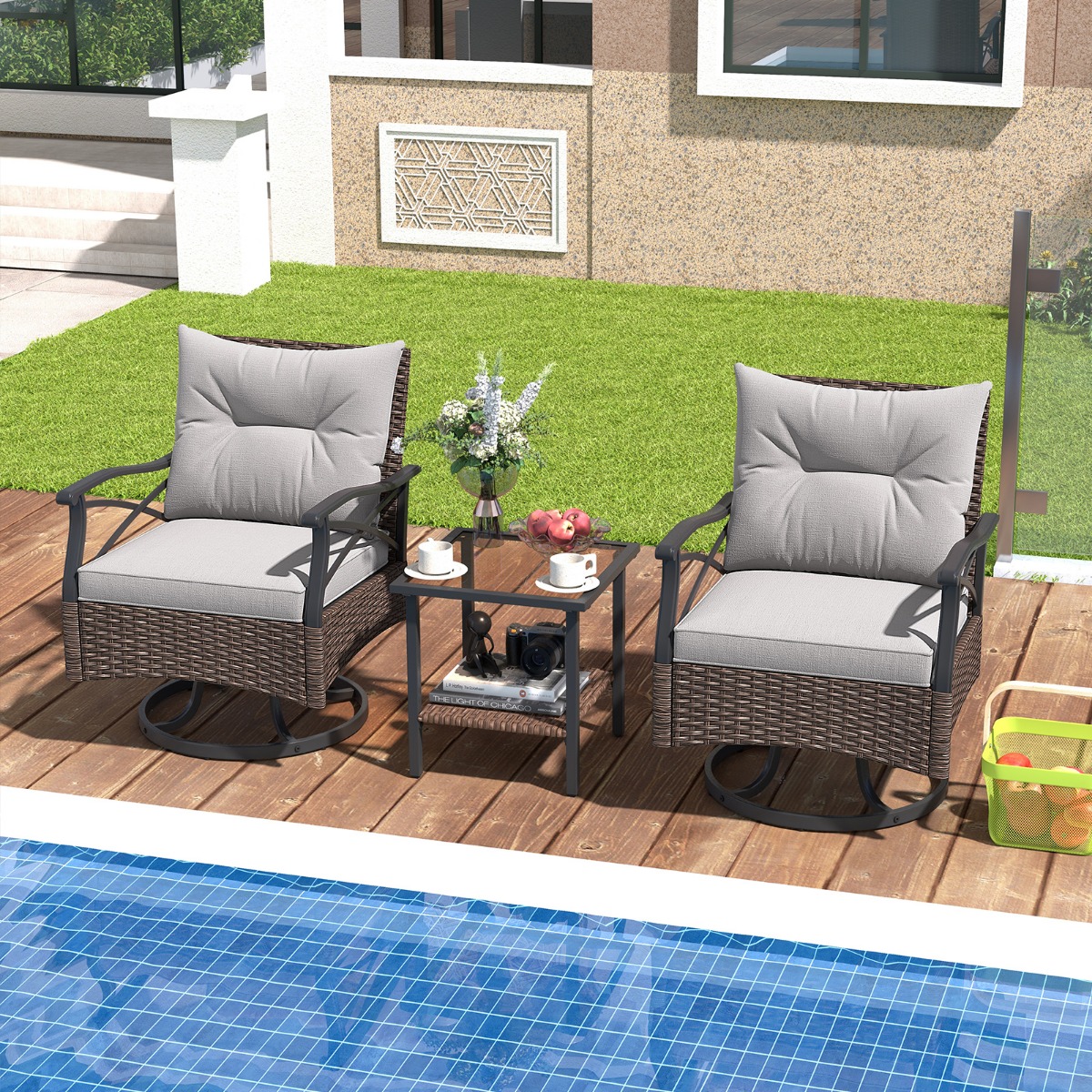 Rattan Gartenmöbel Set Balkonmöbel inkl. 2 Schaukelstühle mit Drehfunktion Gartengarnitur