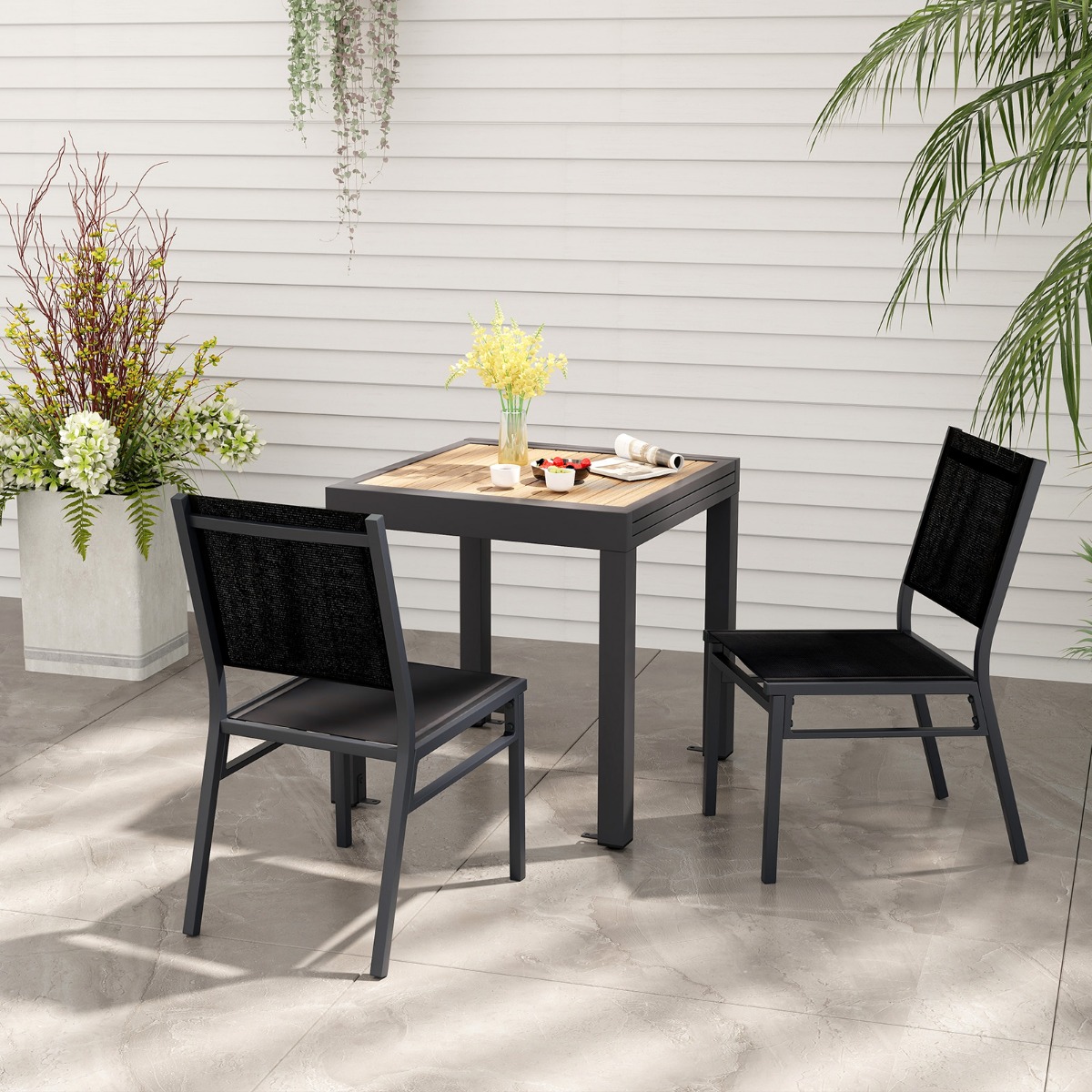 2er Set Gartenstühle Alu wetterfeste Terrassenstühle mit atmungsaktivem Sitz und Rückenlehn 60 x 45 x 87 cm Schwarz