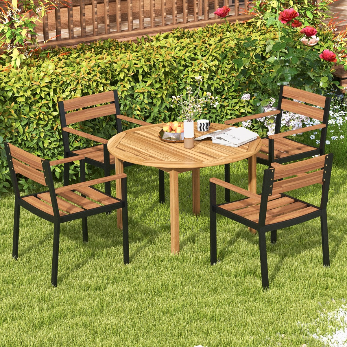 Gartentisch Akazienholz Esstisch rund für 4 Personen Bistrotisch Holztisch für Hof 110 x 110 x 75 cm Natur