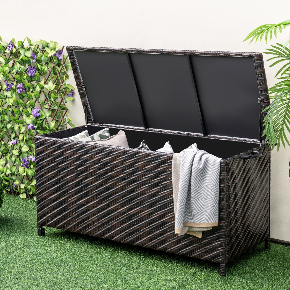 Auflagenbox mit Rollen & 320 L Kapazität Wasserdichte Kissenbox Polyrattan Aufbewahrungsbox